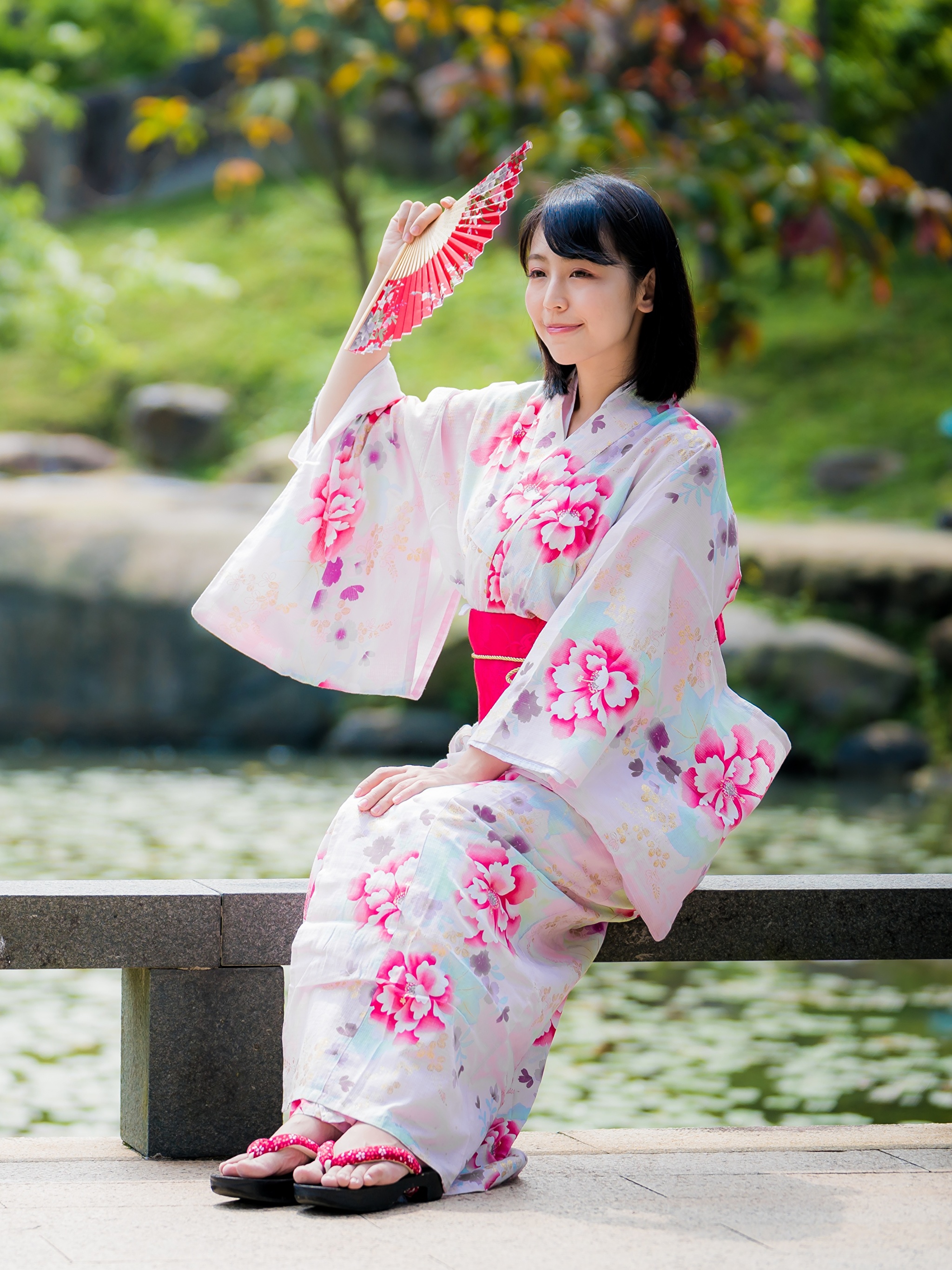 Asian Bokeh Brunette girl Kimono Hand fan Sitting Girls photo 2048x2732 you...