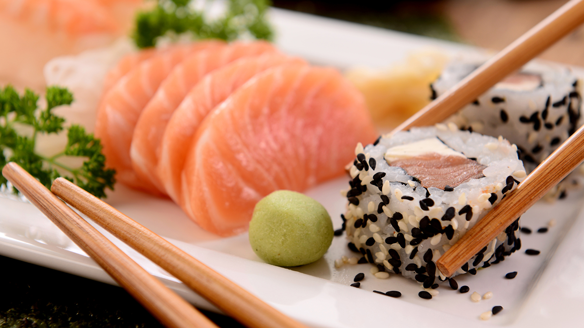 Photo Food Sushi Fish Food Chopsticks Seafoods 1920x1080 Images, Photos, Reviews