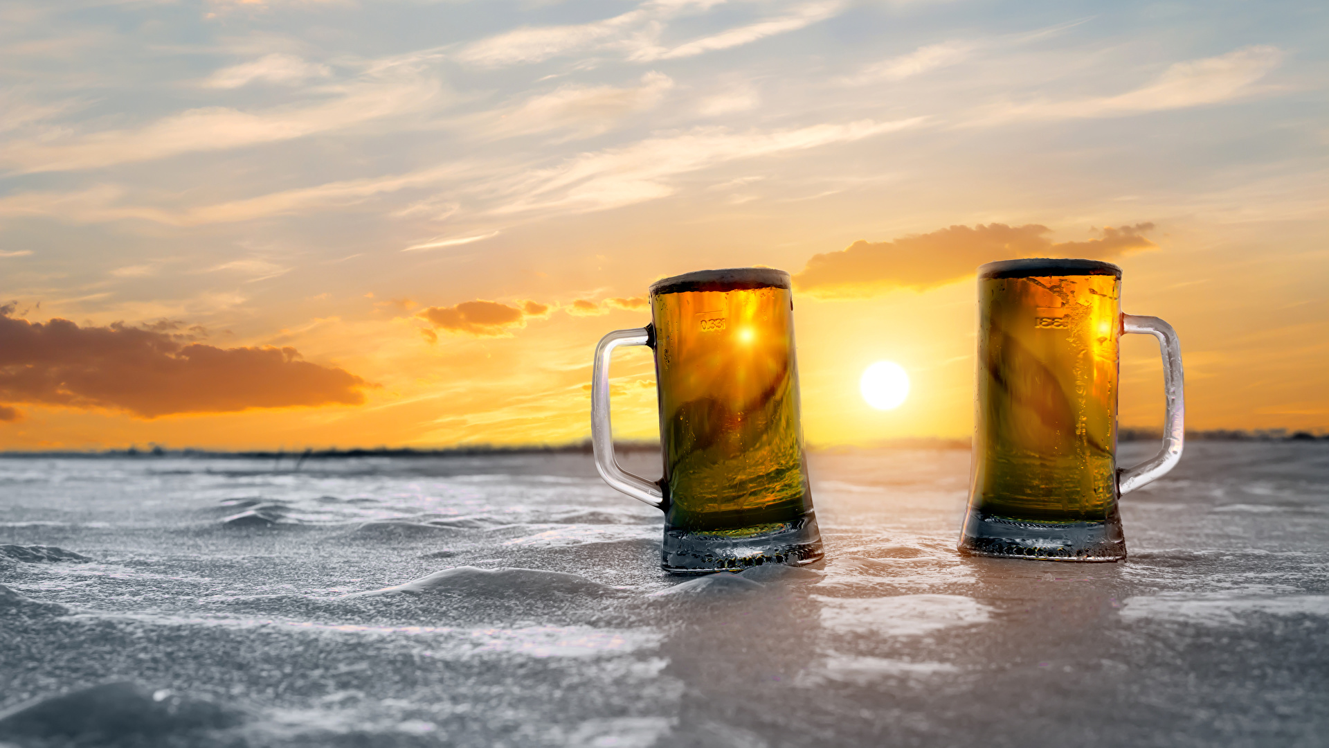 壁紙 19x1080 ビール 朝焼けと日没 マグカップ 2 二つ 氷 食品 ダウンロード 写真