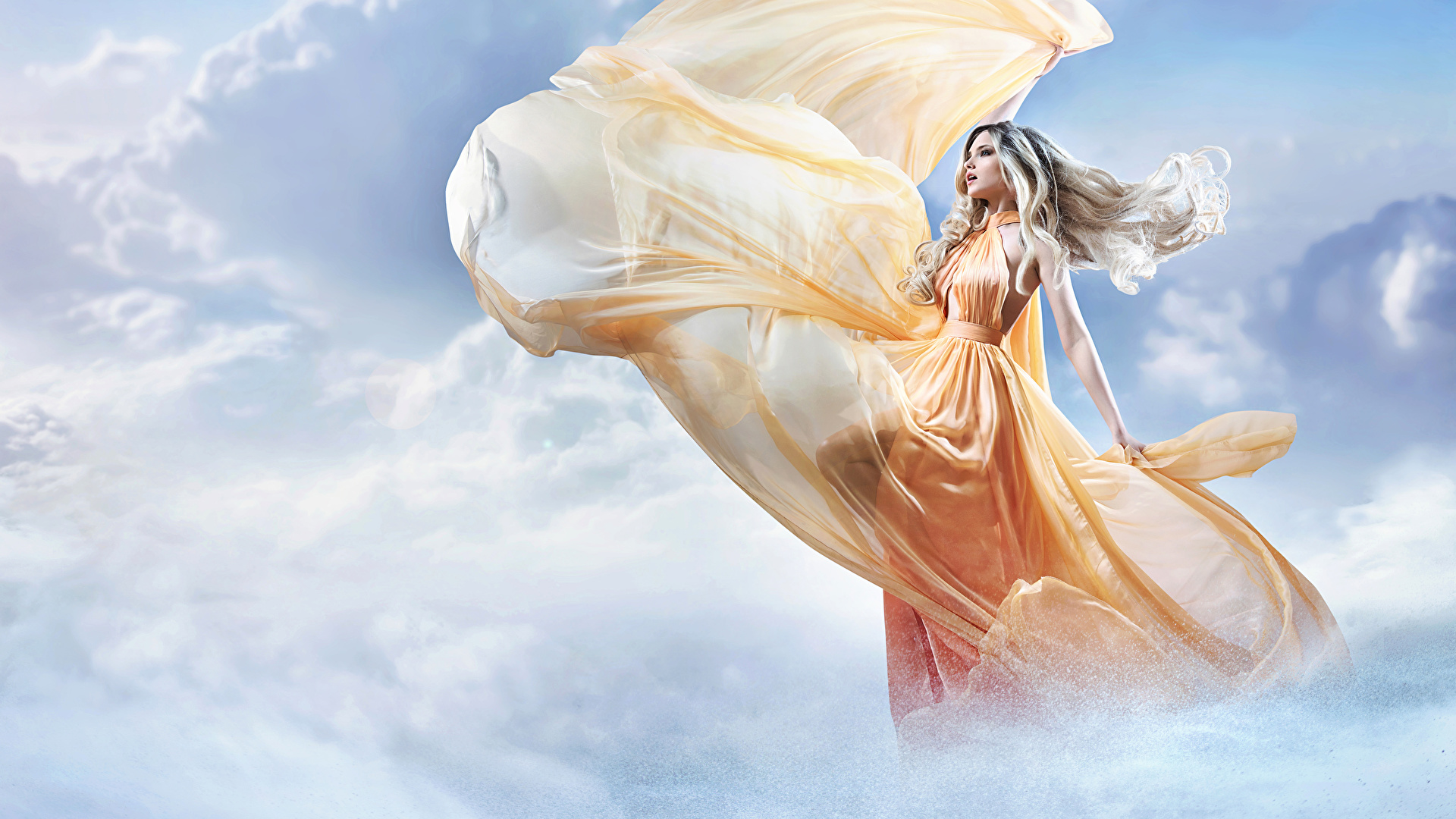 Image Blonde Girl Female Sky Clouds Gown 19x1080