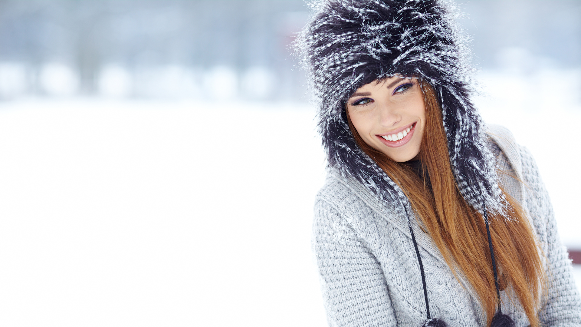Photo Brown haired Smile Winter Winter hat young woman 1920x1080