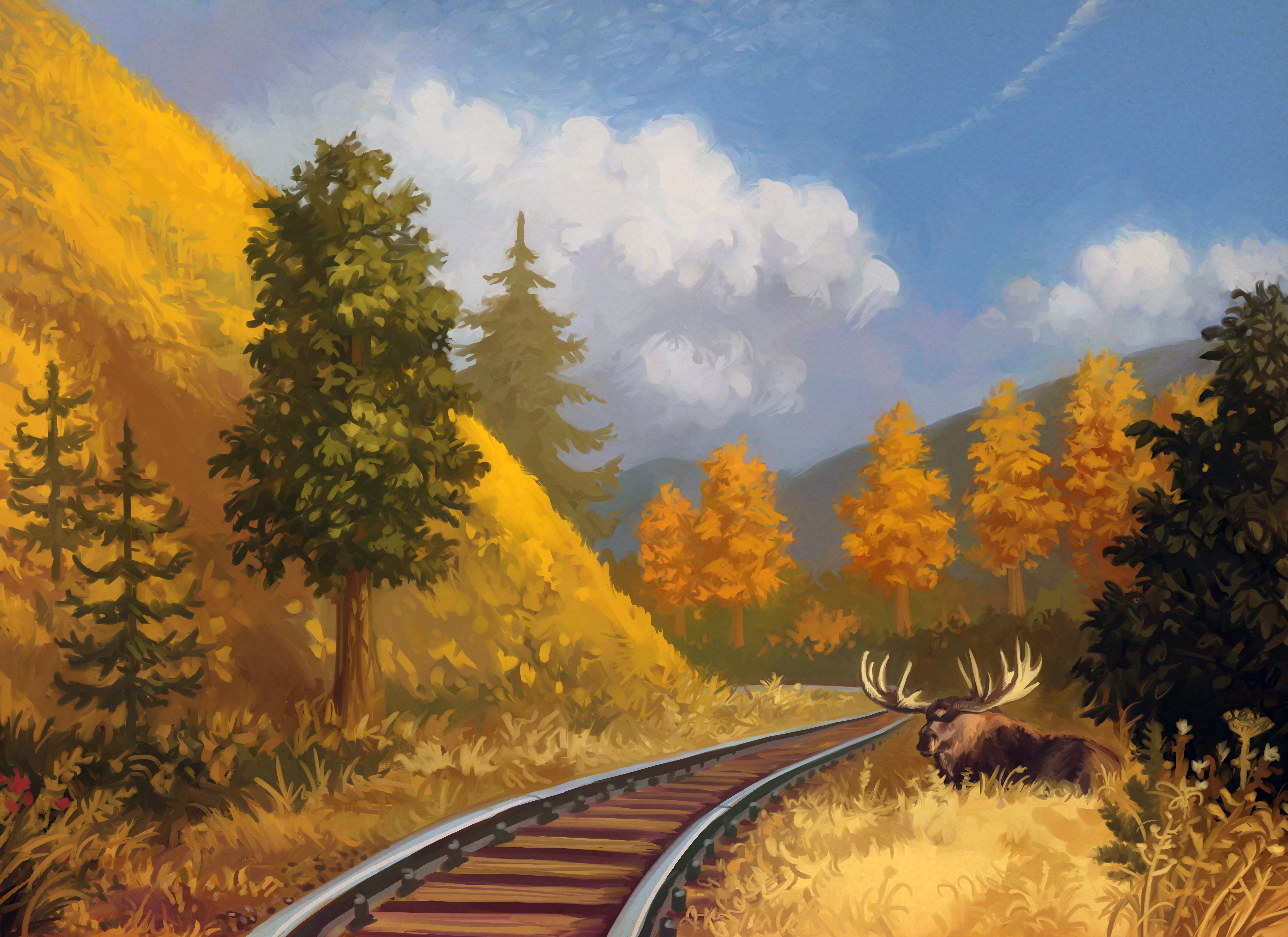 Лось на рельсах. Пейзаж с железной дорогой. Пейзаж с поездом. Железная дорога в лесу. Железная дорога иллюстрация.