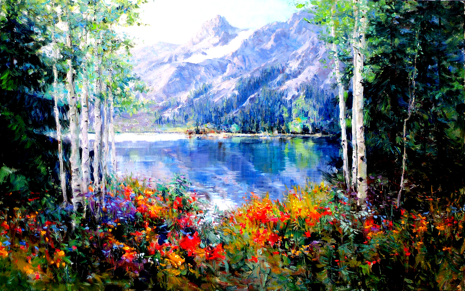 Fonds Decran 1920x1200 Peinture Photographie De Paysage Lac Montagnes