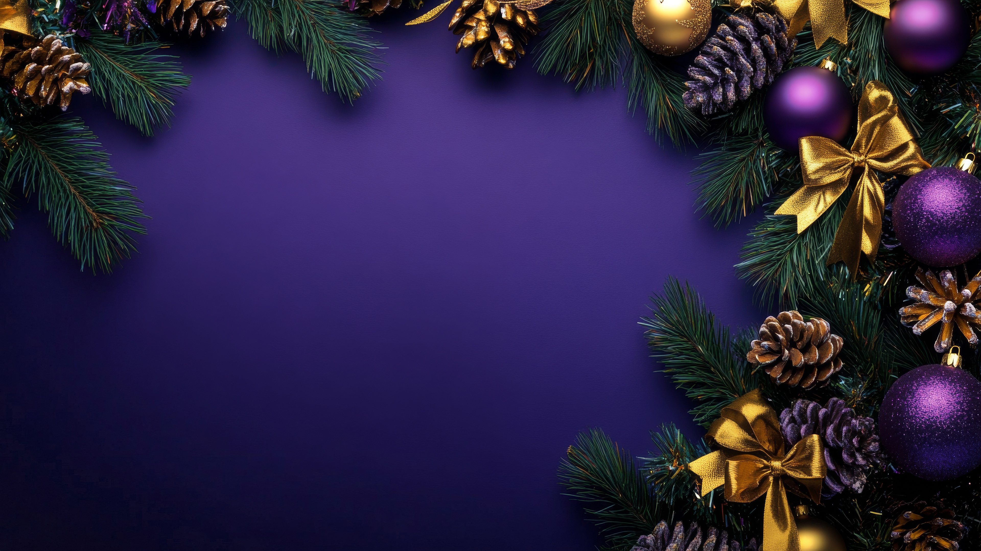 Tapety bożego narodzenia Kulki Szyszka kokardą Gałęzie szablon kartkę z życzeniami Kolorowe tło 3840x2160 Nowy Rok Kula Gałąź Kokardka wstążka łuk Szablon karty z pozdrowieniami kolorowym tle