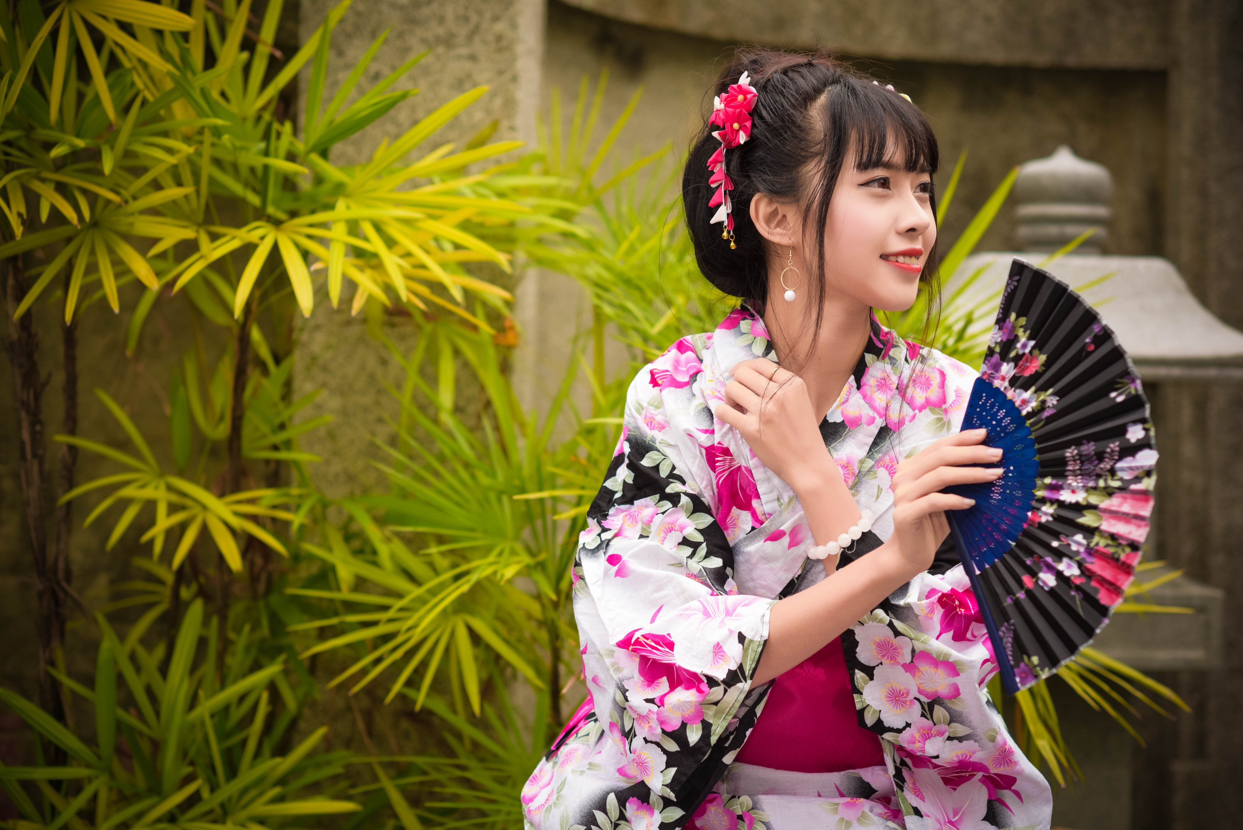 Image Brunette Girl Smile Japanese Hand Fan Kimono Female 4000x2670