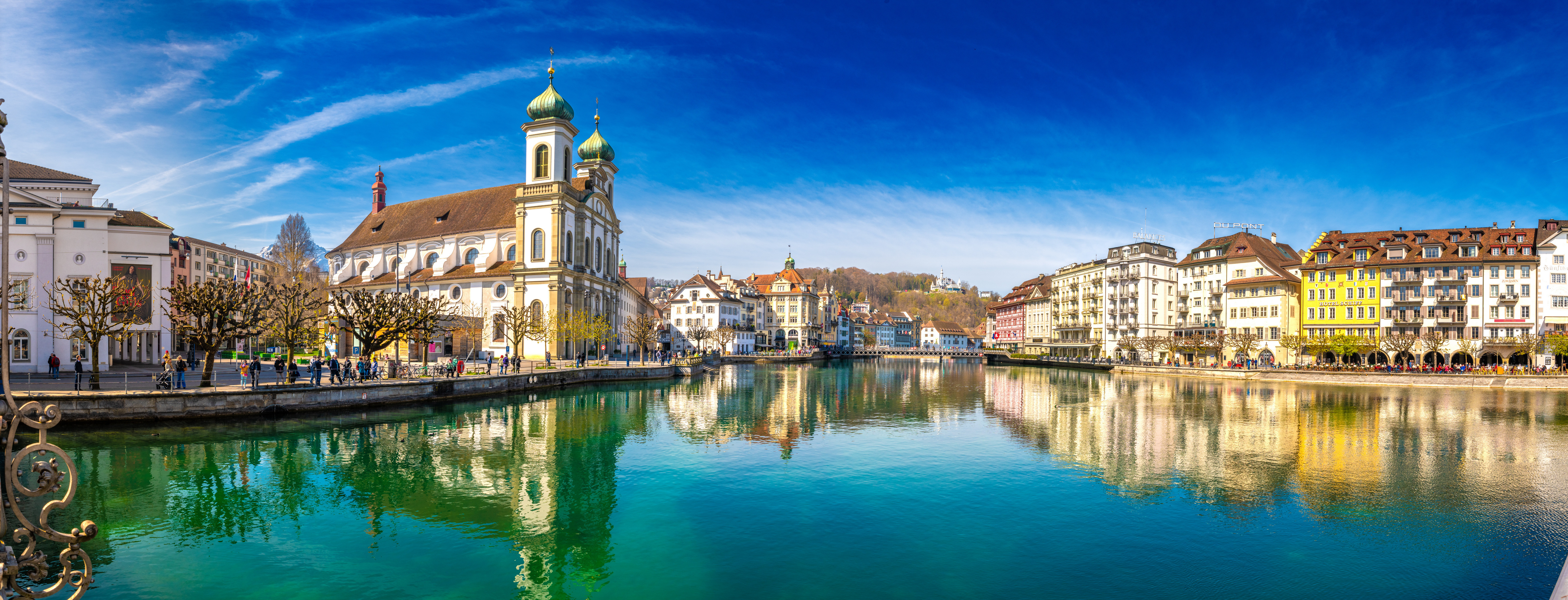 Картинка Швейцария Панорама Luzern Озеро Набережная Здания 6144x2353