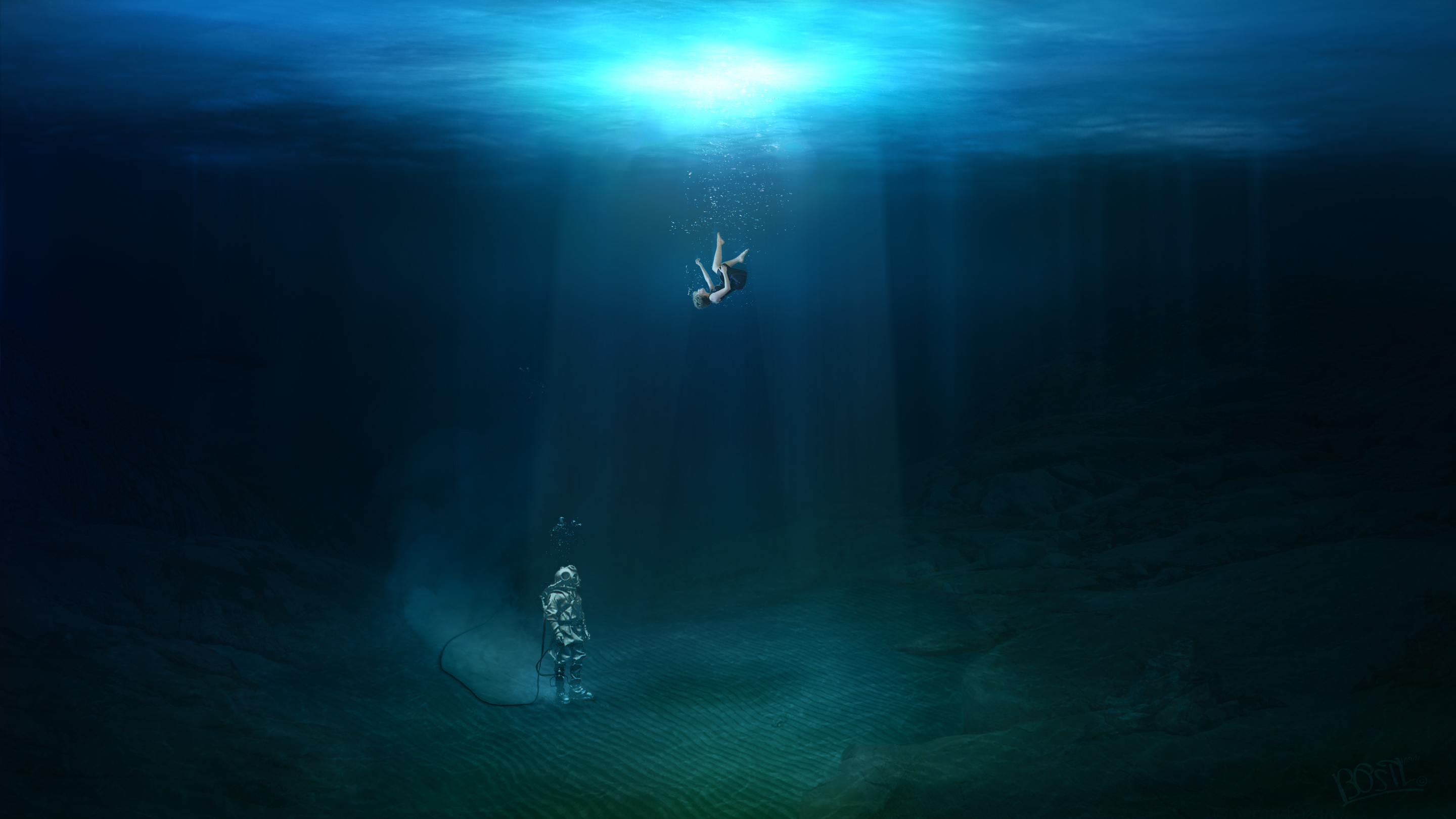 Images Rays Of Light Little Girls Underwater World Diving 2880x1620