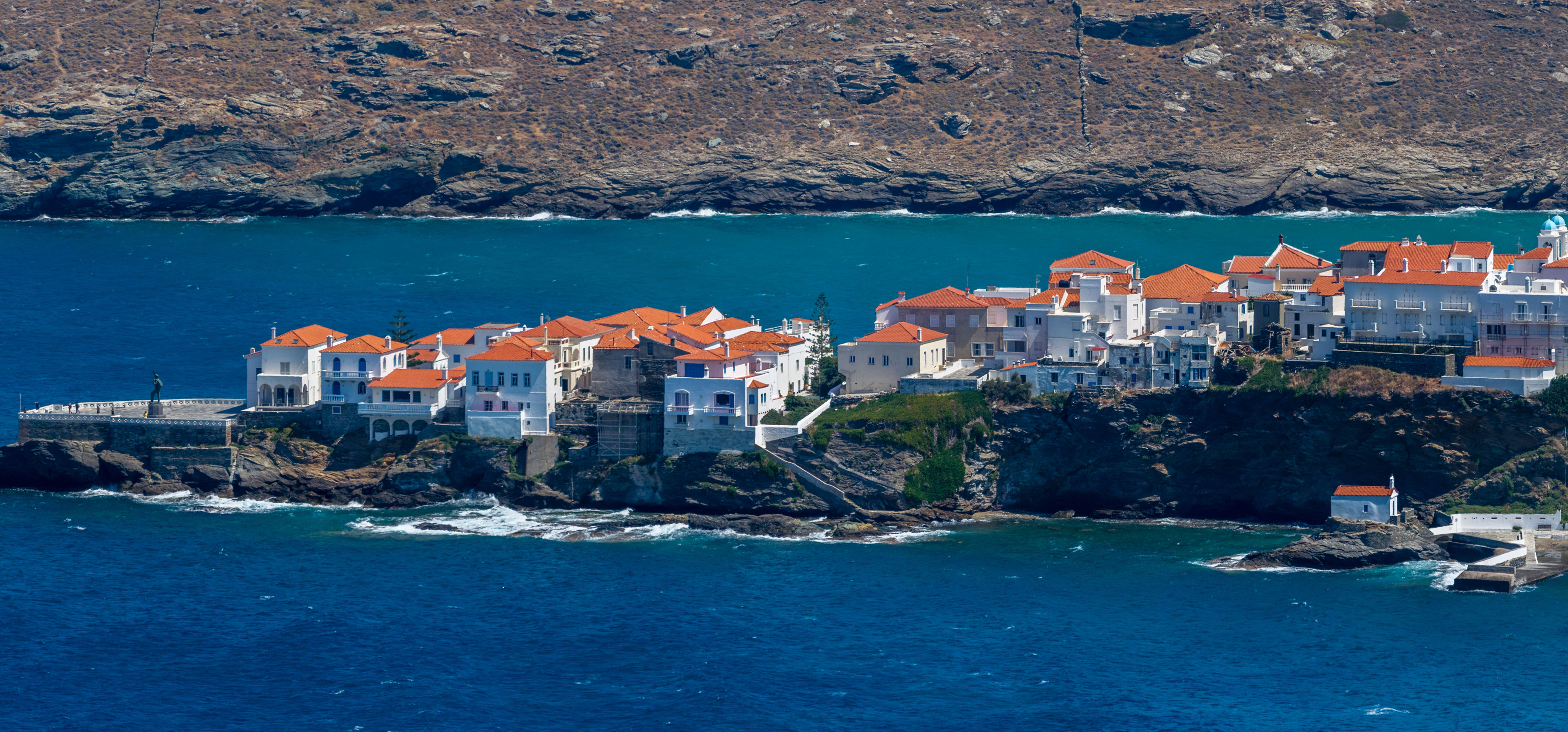 Photo Greece Andros Town Coast Houses Cities 3600x1680 Building