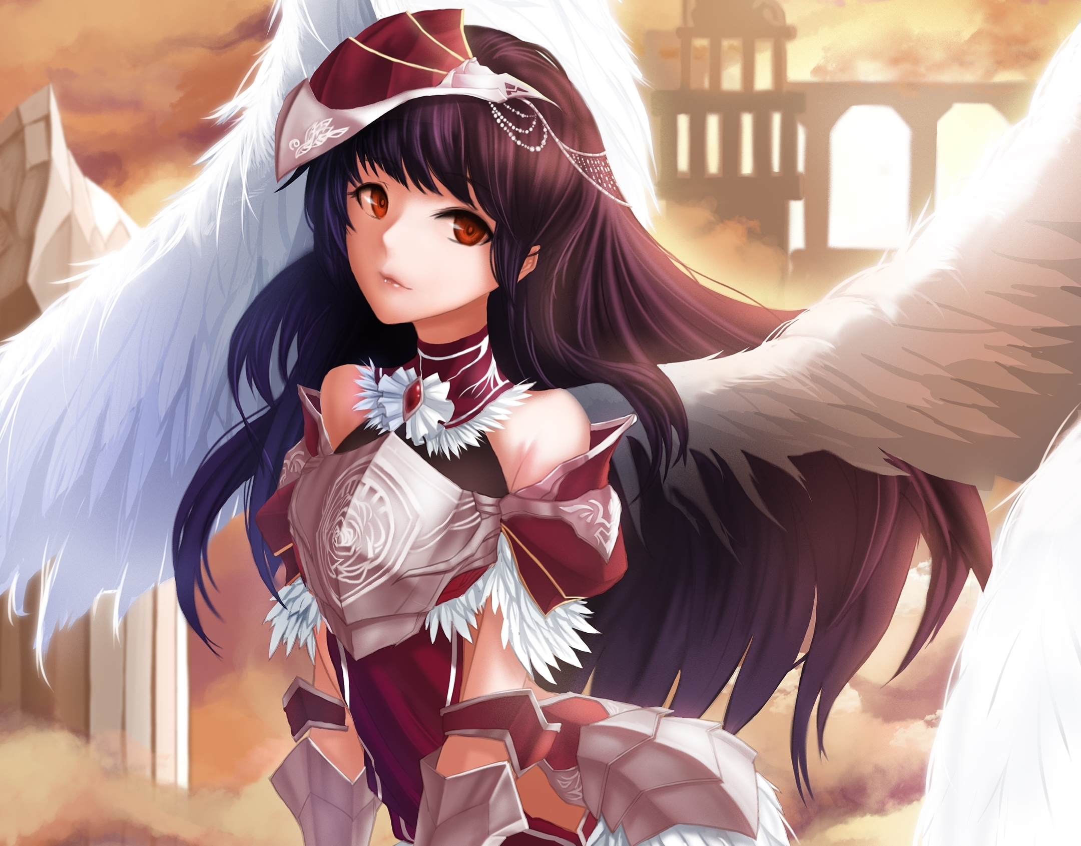 Garota de anime com asas de anjo segurando uma boneca em seus
