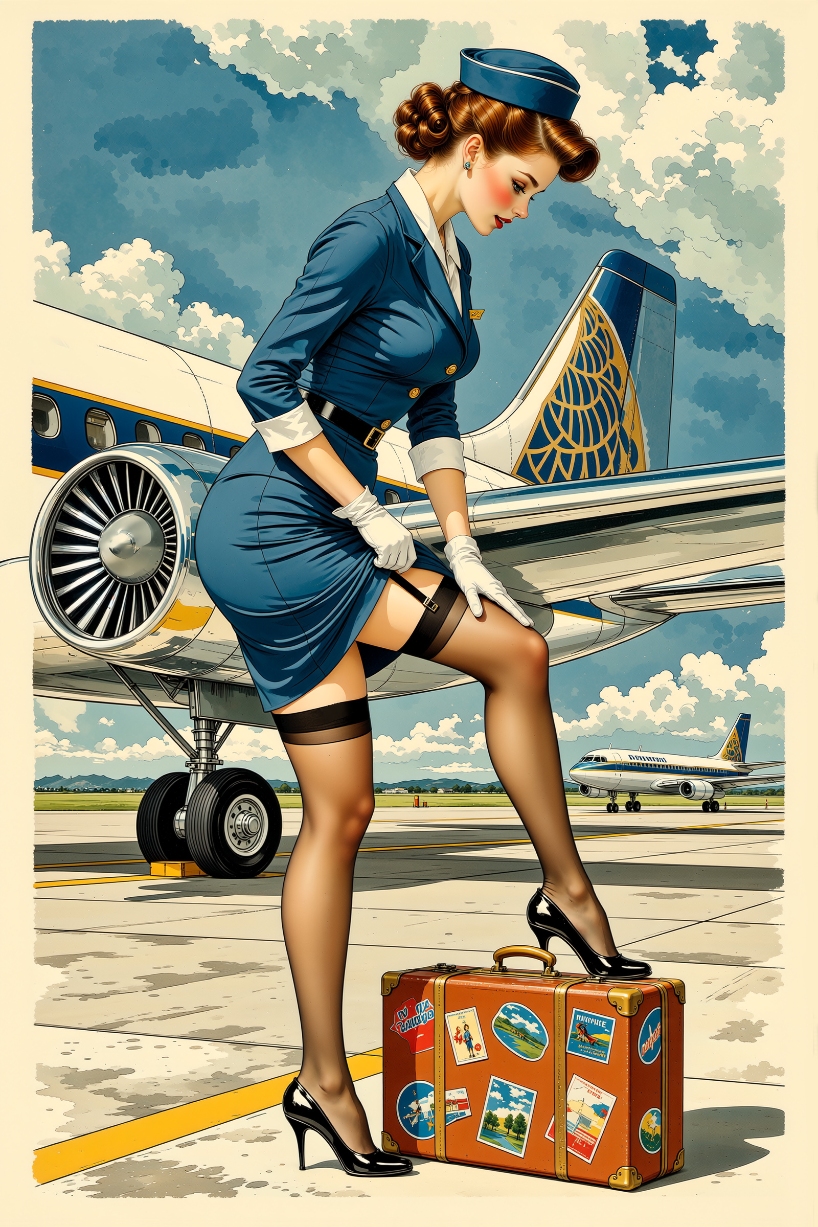 Bilder von Flugzeuge Nylonstrumpf Flugbegleiter Ai posiert Mädchens Bein Koffer Uniform Luftfahrt High Heels für Handy Pose junge frau junge Frauen Stöckelschuh