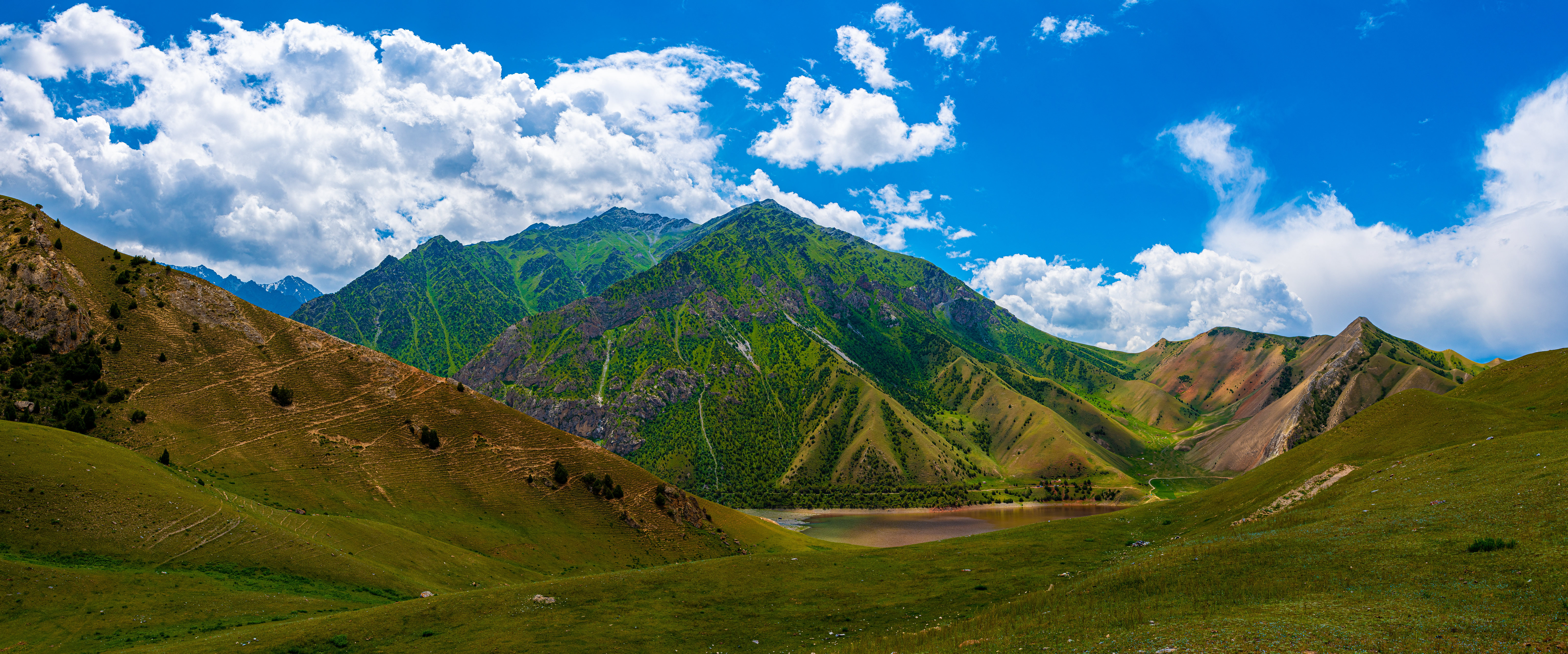 Image panoramic Kolduk Lakes, Kyrgyzstan Nature mountain Lake Clouds Panorama Mountains