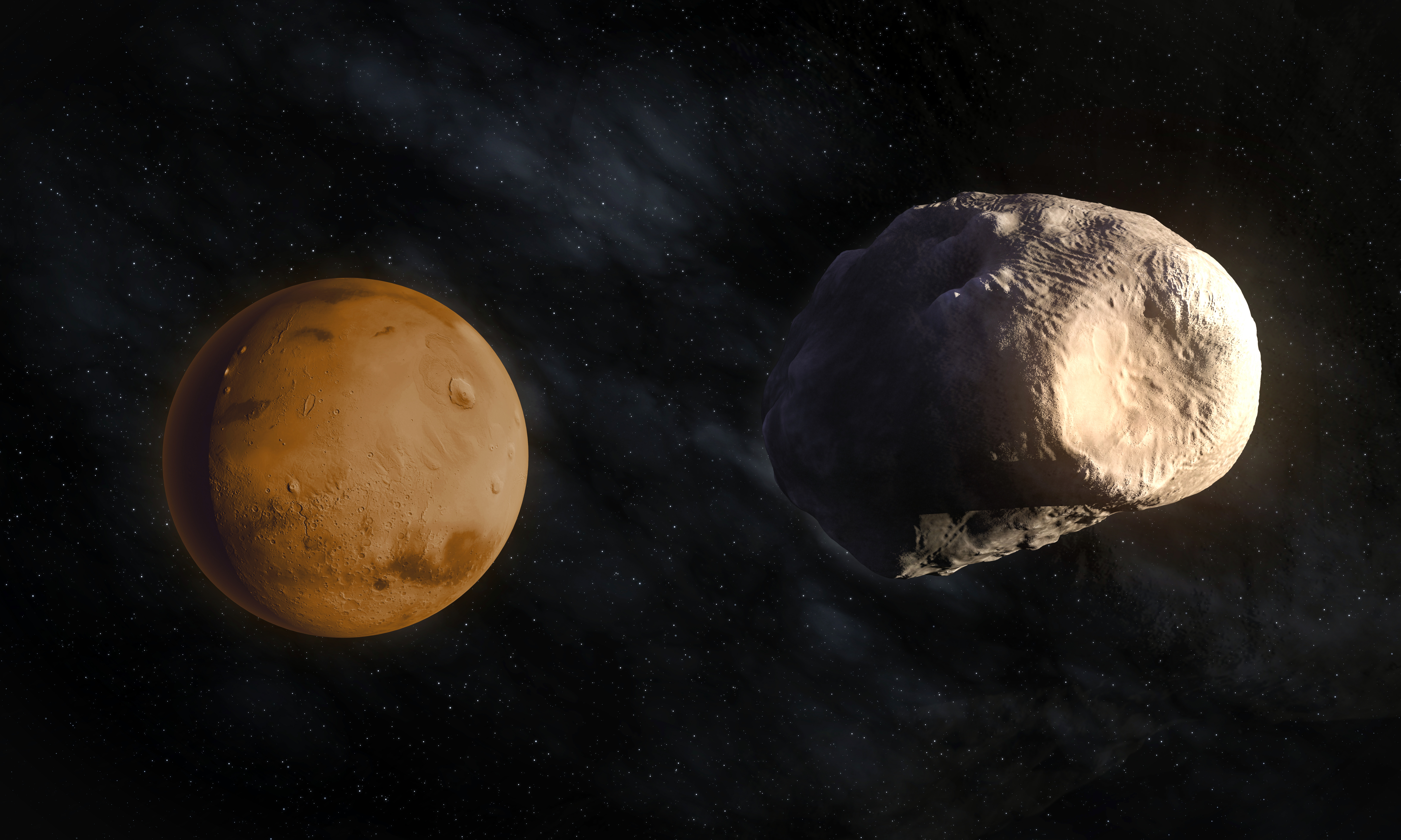 Afbeeldingen Mars Planeten Phobos Ruimte 3D graphics 6500x3900 planeet 3D afbeelding 3D afbeeldingen