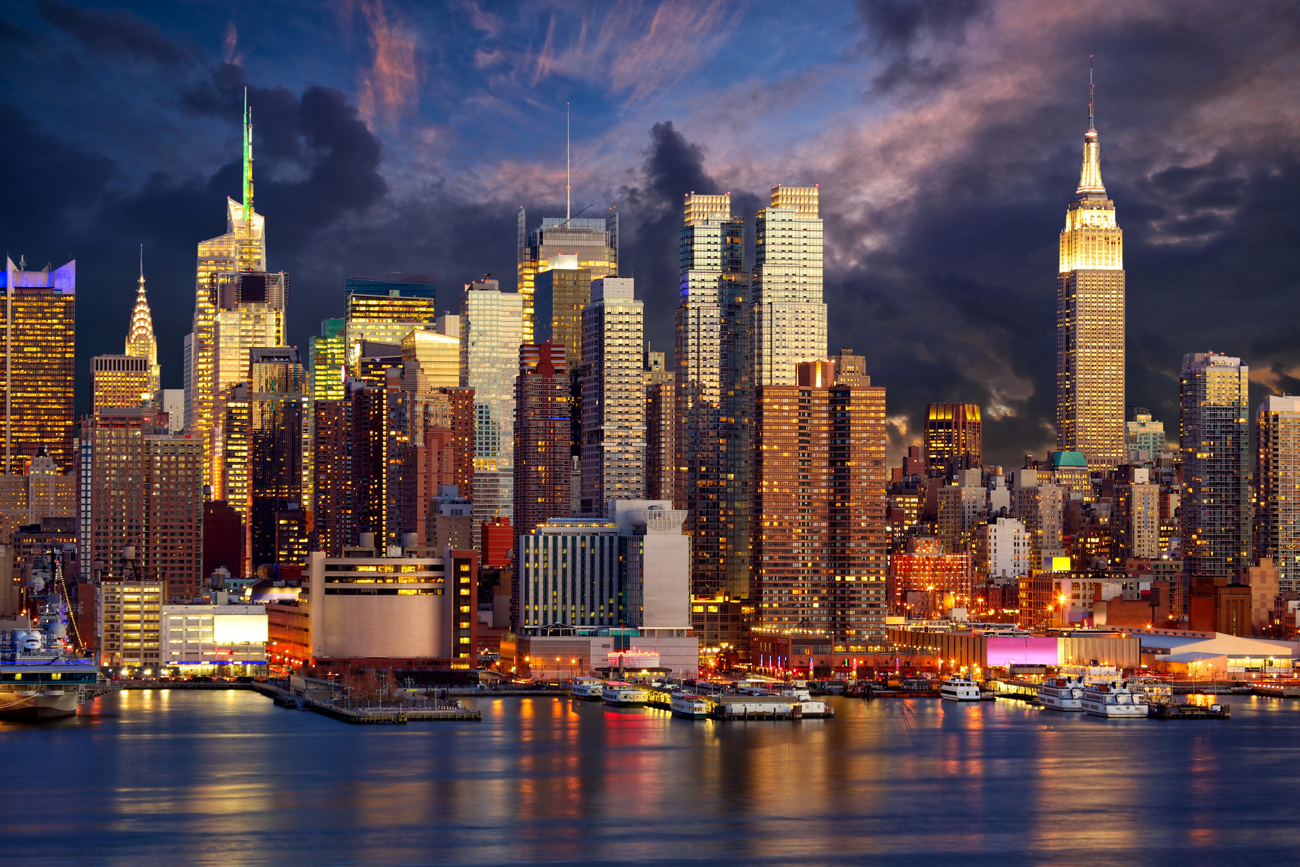 Fonds Decran Usa Gratte Ciel Rivières New York Nuit Manhattan Villes