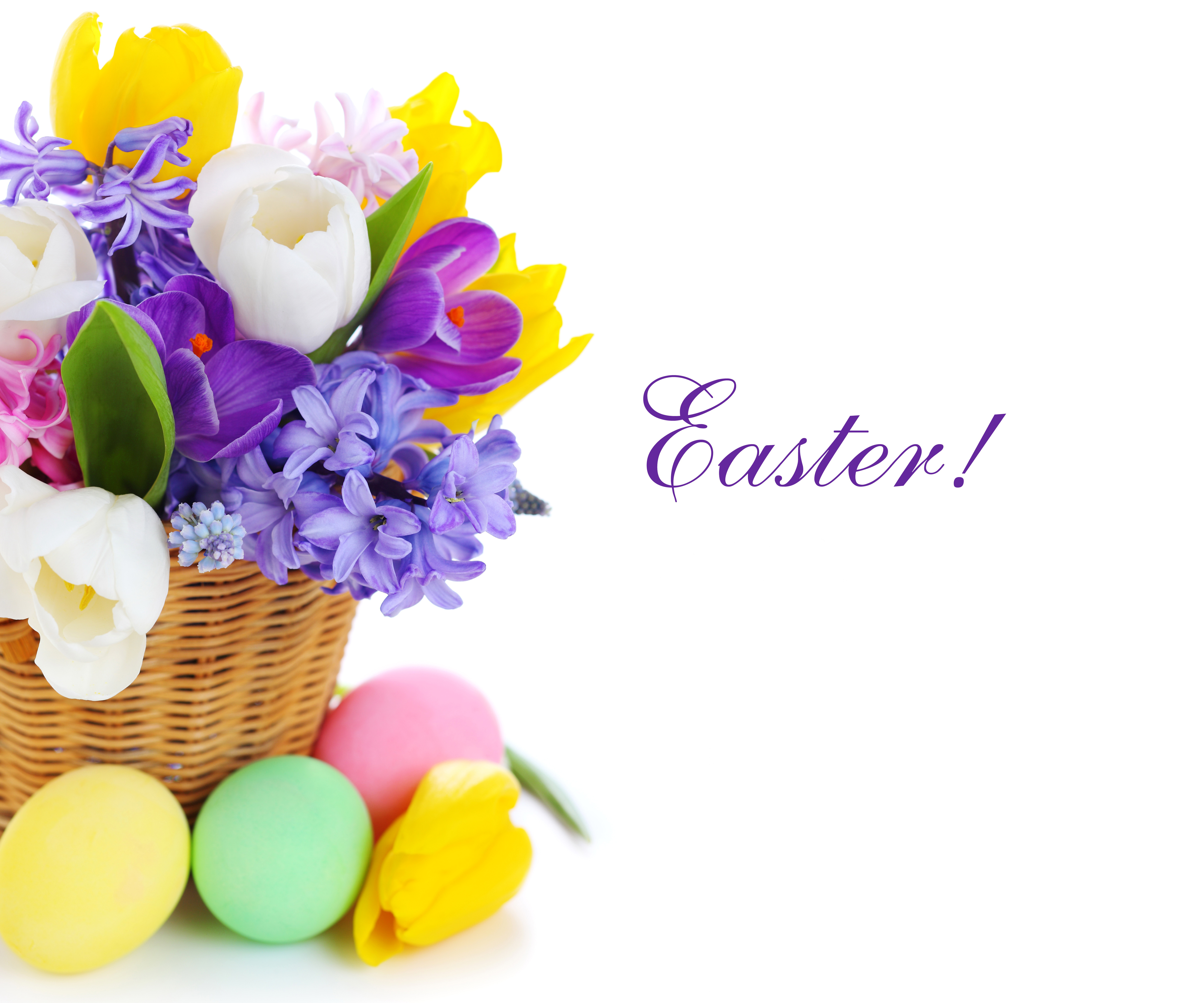 Image Easter Eggs Tulips Flowers Crocuses Wicker basket 6000x5000