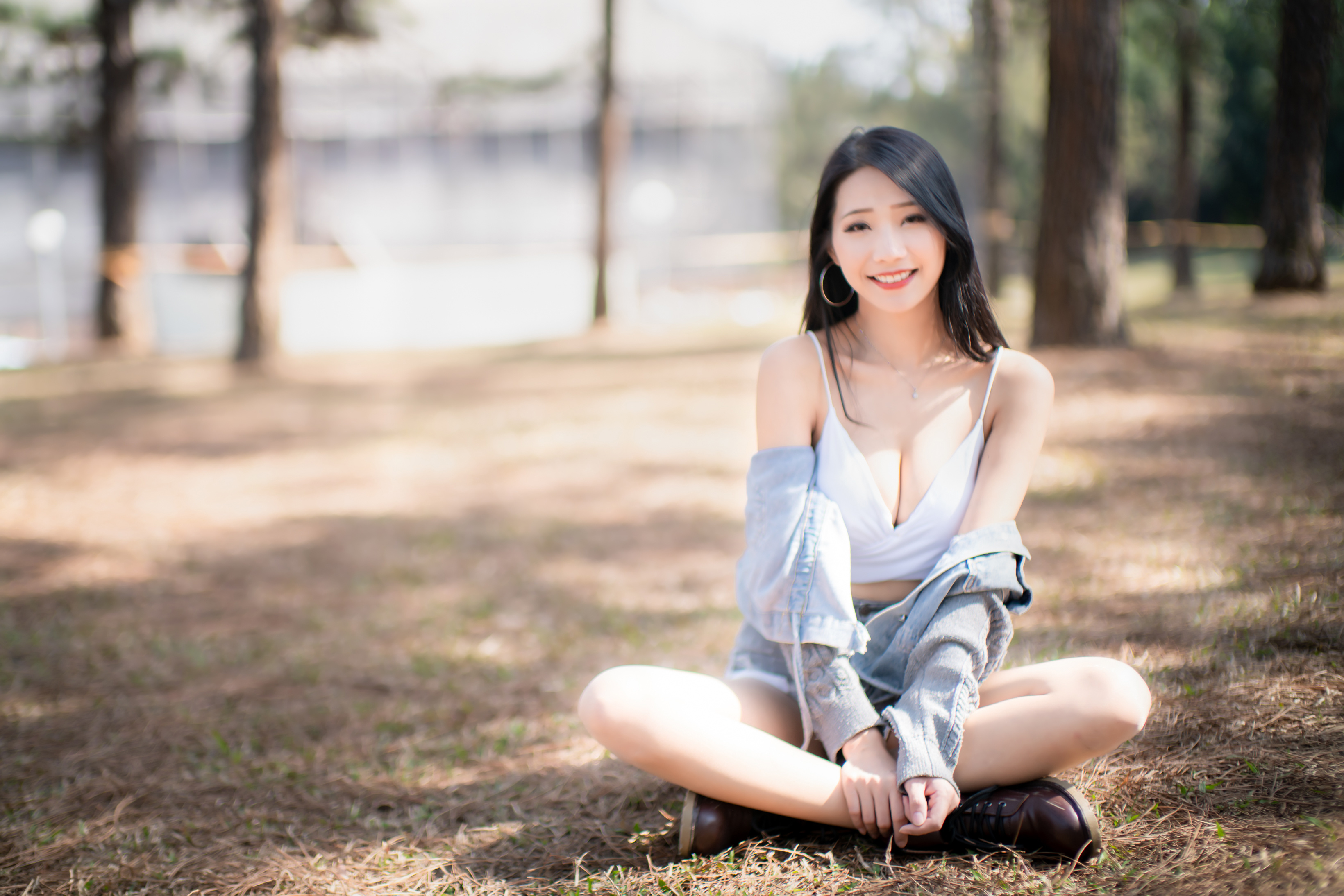 Images Lotus position Brunette girl Smile Bokeh female 3280x2188