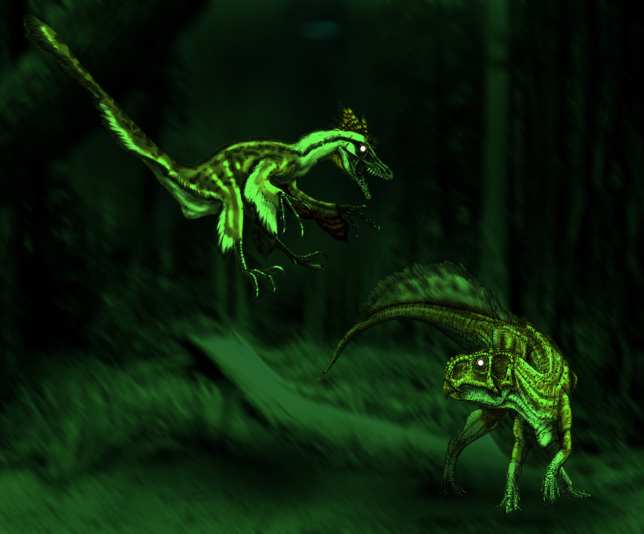 Sfondi del desktop Dinosauri Sinornithosaurus hunting Psittacosaurus Due 2 animale Animali antichi 2082x1727 dinosauro Animali