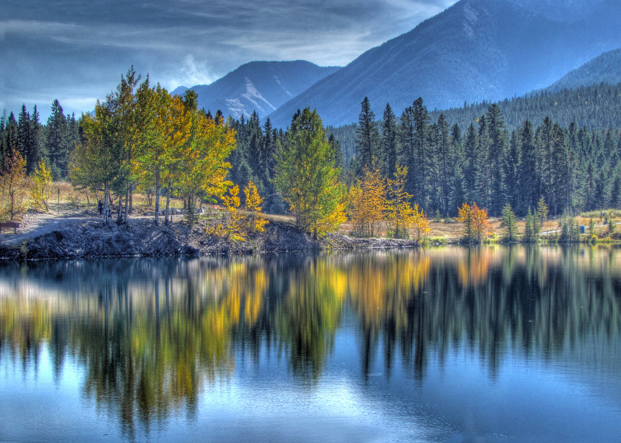 壁紙 48x1463 カナダ 森林 山 湖 秋 風景写真 Canmore Alberta 木 ハイダイナミックレンジ合成 自然 ダウンロード 写真