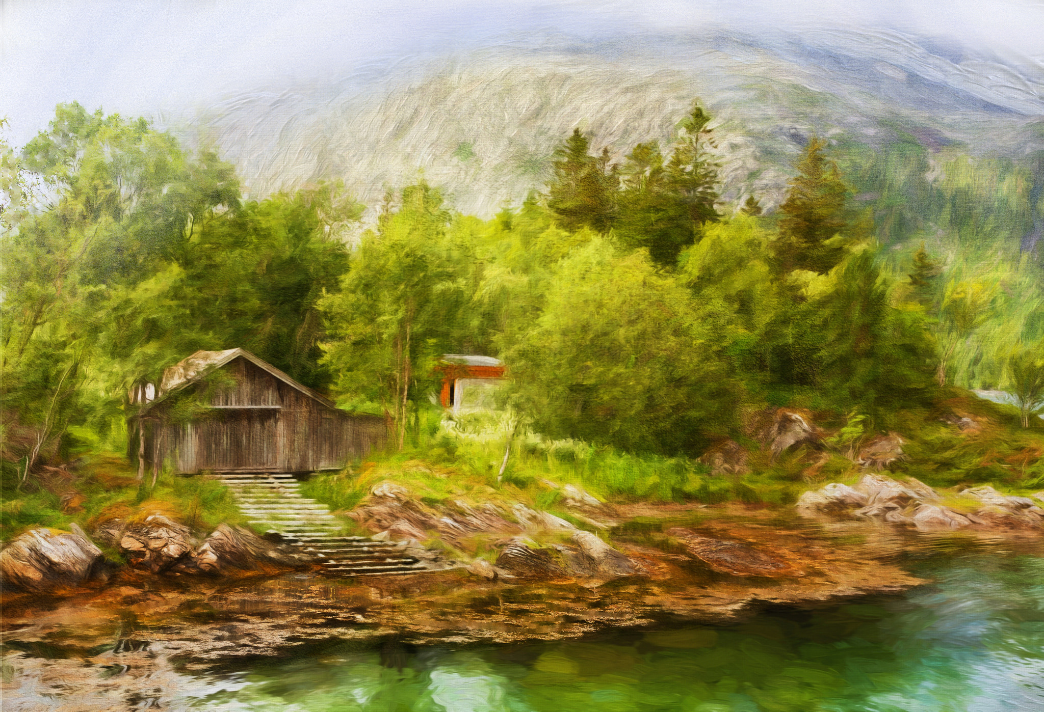 Река домов картина. Пейзаж с домиком. Домик в горах живопись. Картина дом в горах. Домик в горах картина.