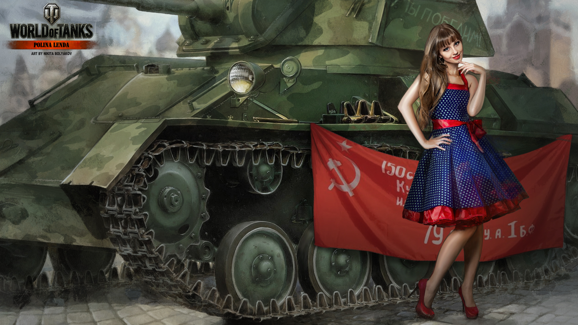 壁紙 19x1080 ワールドオブタンクス 描かれた壁紙 戦車 旗 ソ連 Nikita Bolyakov ドレス ゲーム 少女 ダウンロード 写真