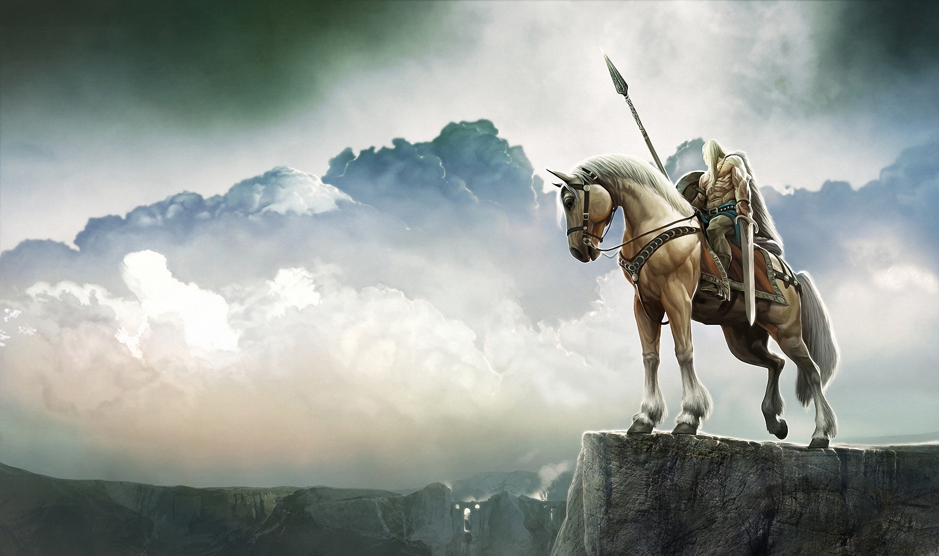 Фотографии лошадь с копьем воины Фантастика облачно Копья Лошади воин Воители Фэнтези Облака облако