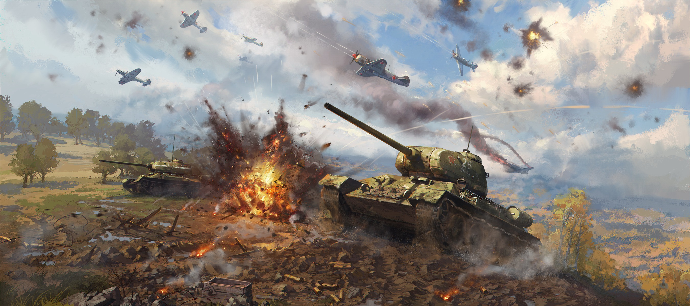 Фотография War Thunder Истребители танк Война Взрывы 2700x1200