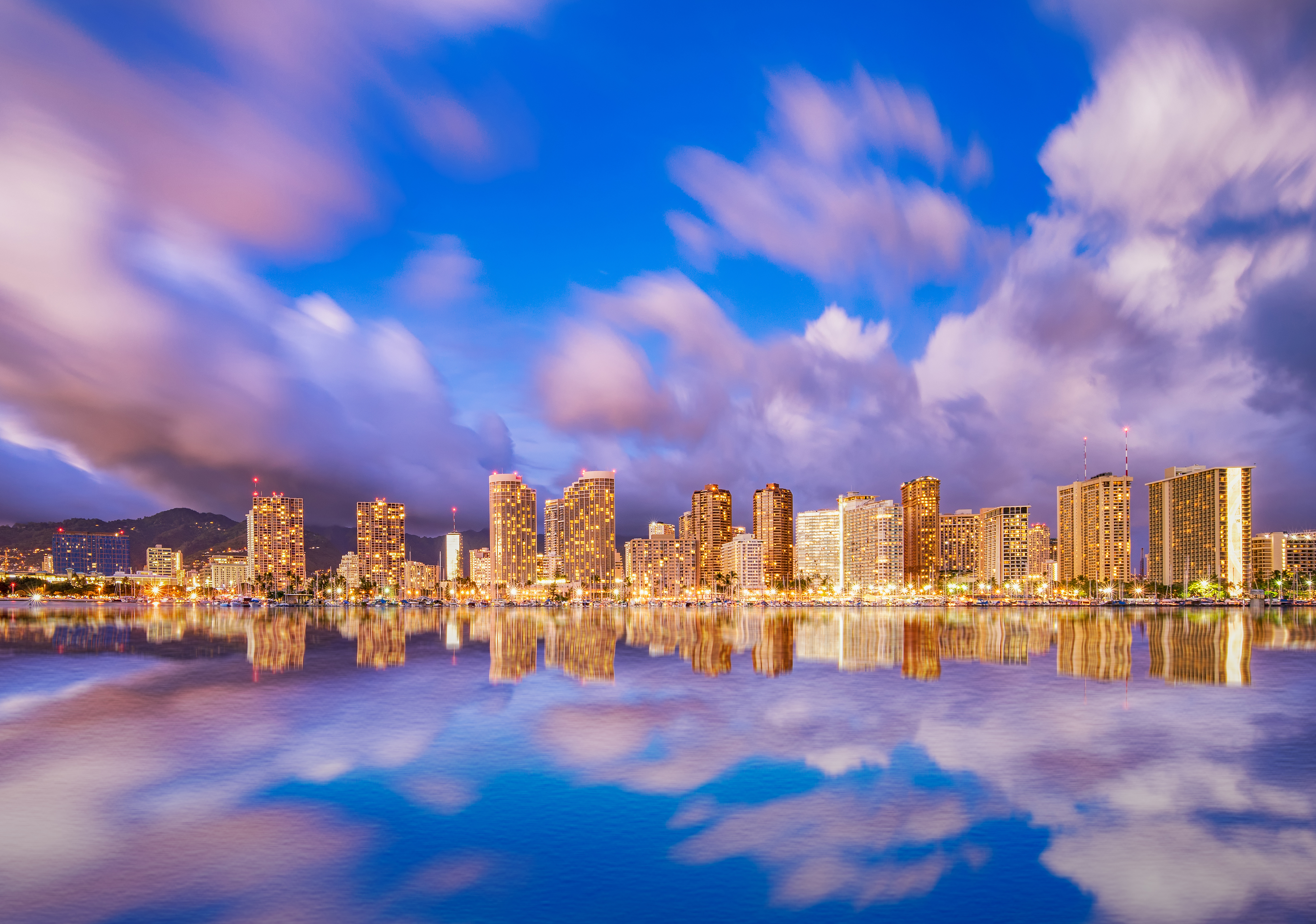 壁紙 5000x3511 住宅 海 空 アメリカ合衆国 Waikiki Honolulu ハワイ州 雲 都市 ダウンロード 写真