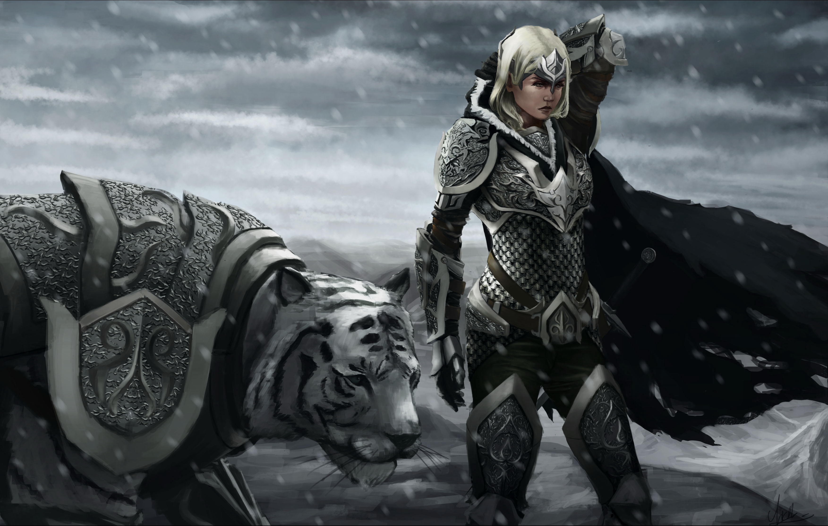 Picture Tigers armour Warriors Fantasy Snow 3506x2227