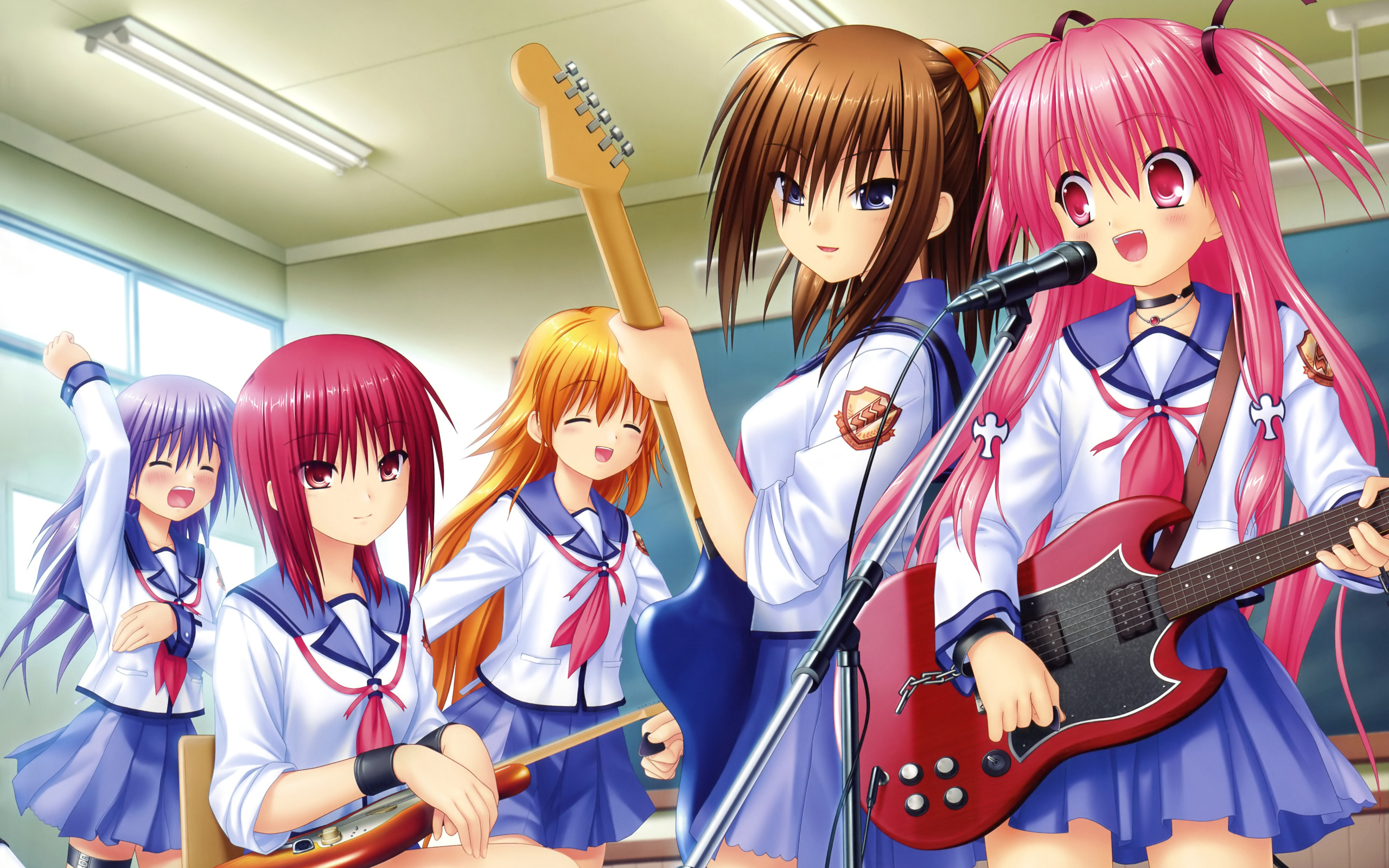 Images Angel Beats Schoolgirls Guitar Mic Yusa Yui Anime 2560x1600
