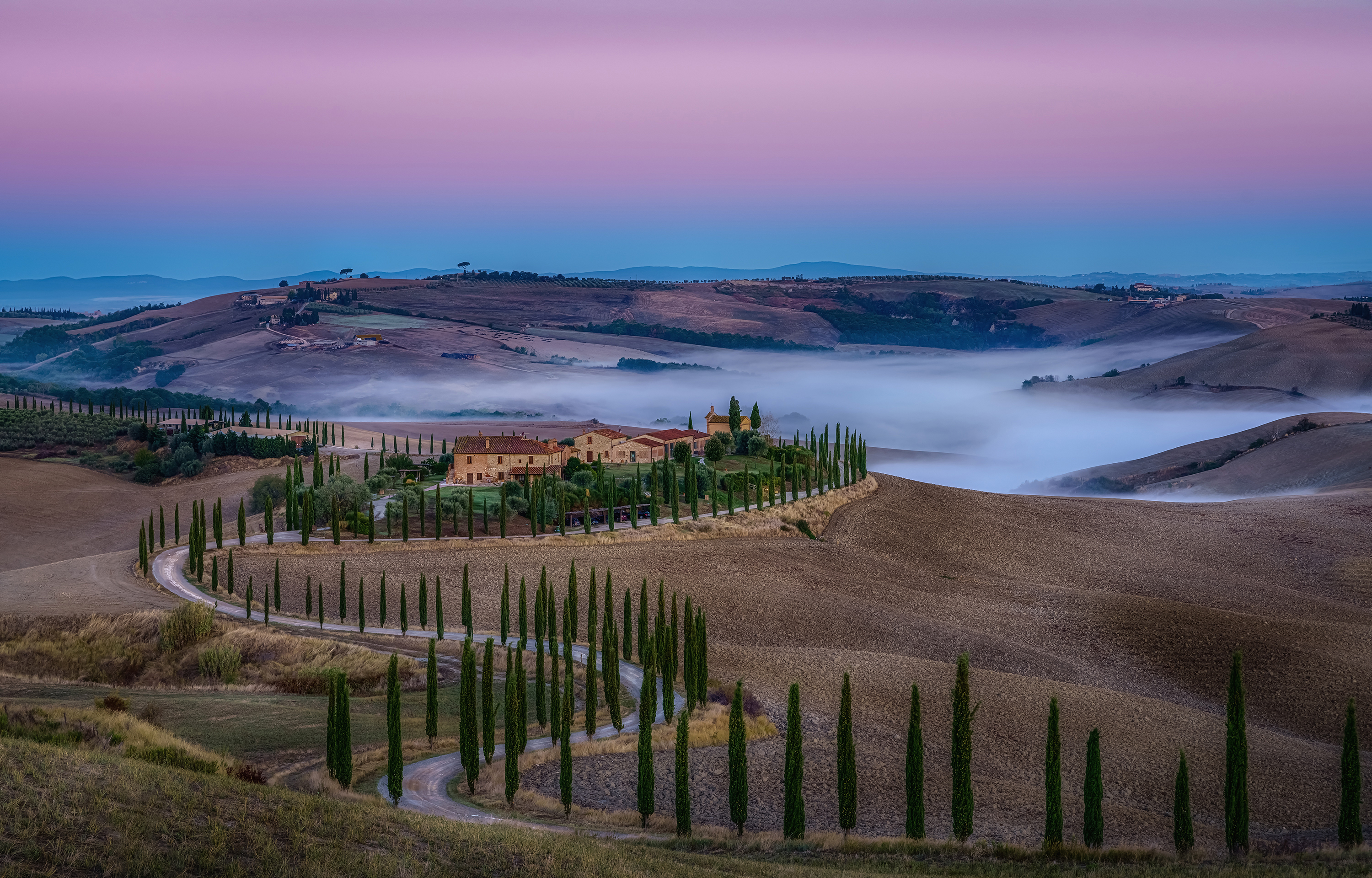 Image Tuscany Italy Fog Nature Hill Roads Fields Trees 3000x1920