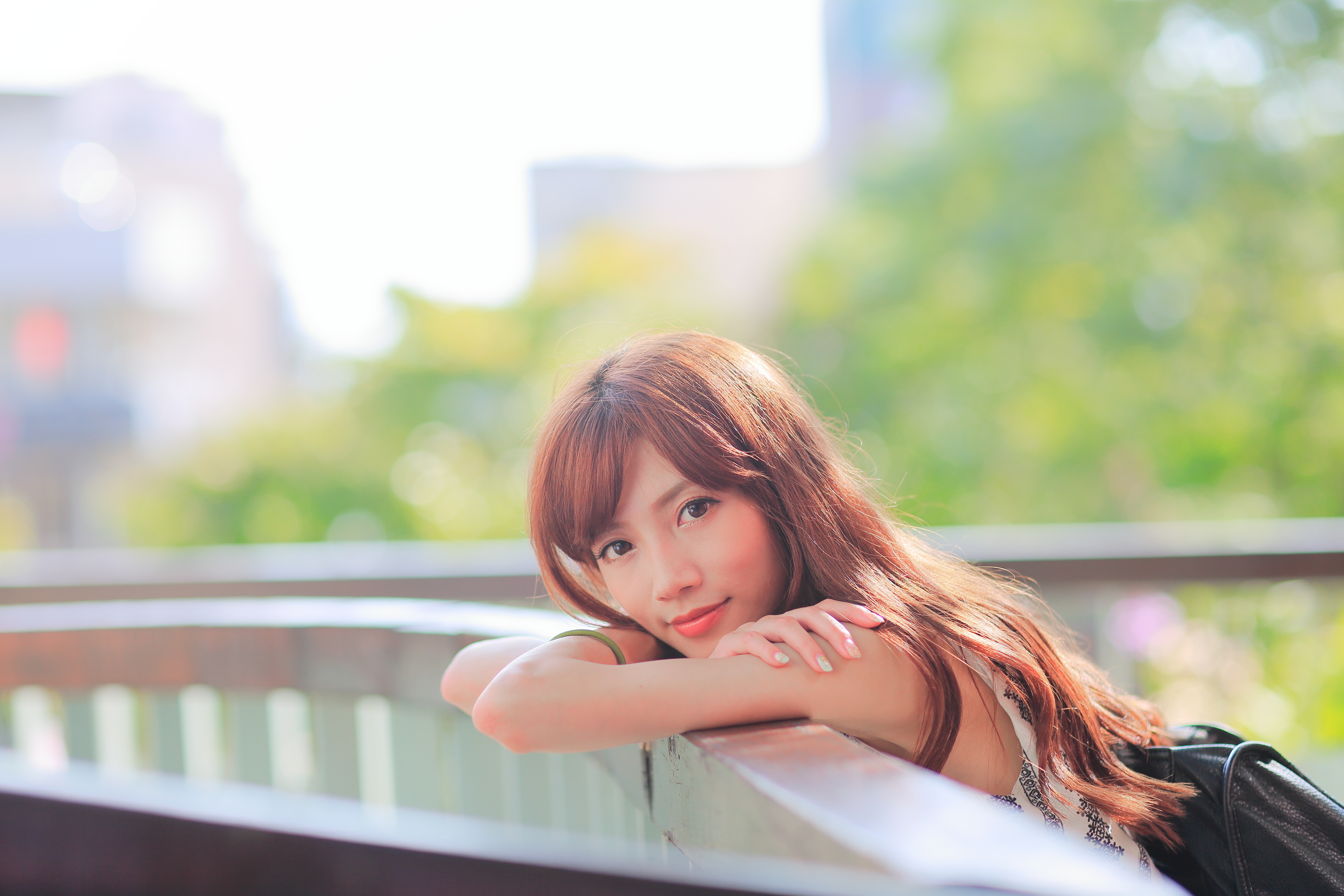 Pictures Brown haired Bokeh Girls Asiatic Glance 5760x3840 blurred background female young woman Asian Staring