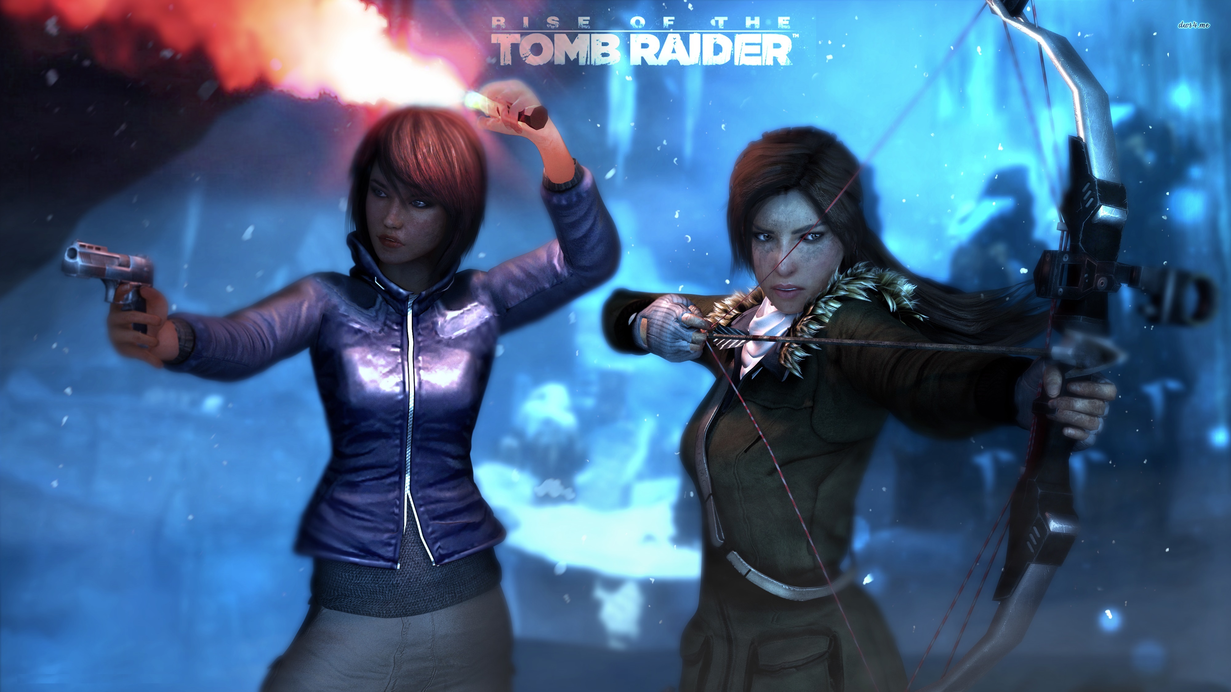Bilder von Rise of the Tomb Raider Bogenschütze Lara Croft Samantha Nishimura Zwei junge frau computerspiel 4000x2250 2 Mädchens junge Frauen Spiele