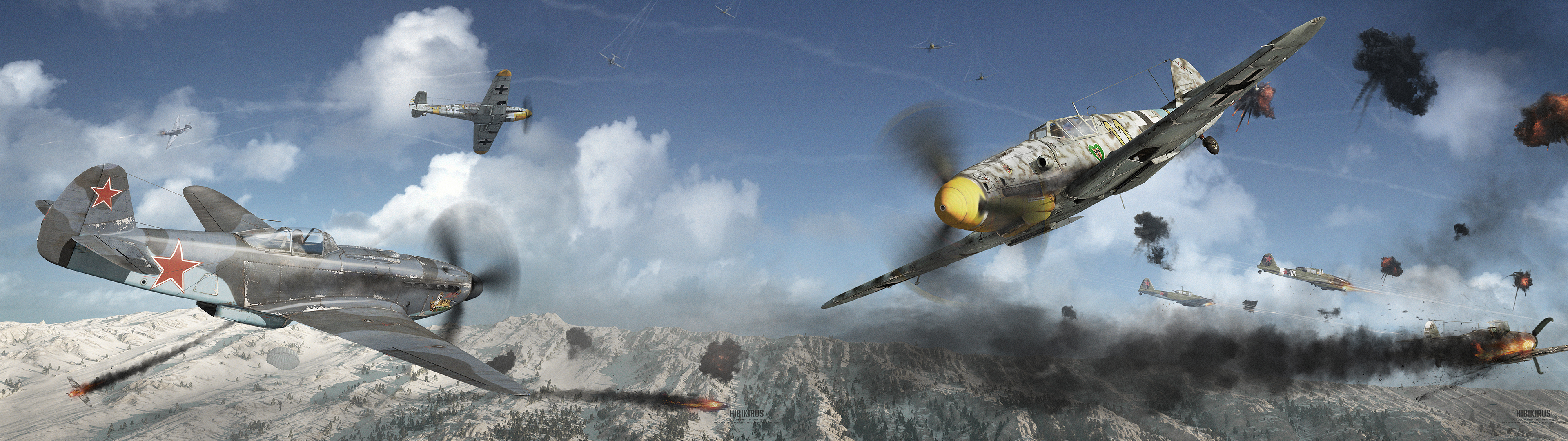 壁紙 3840x1080 绘制壁纸 战斗机 Yak 9u Vs Bf 109g 6 俄 德語 航空 3d图形 下载 照片