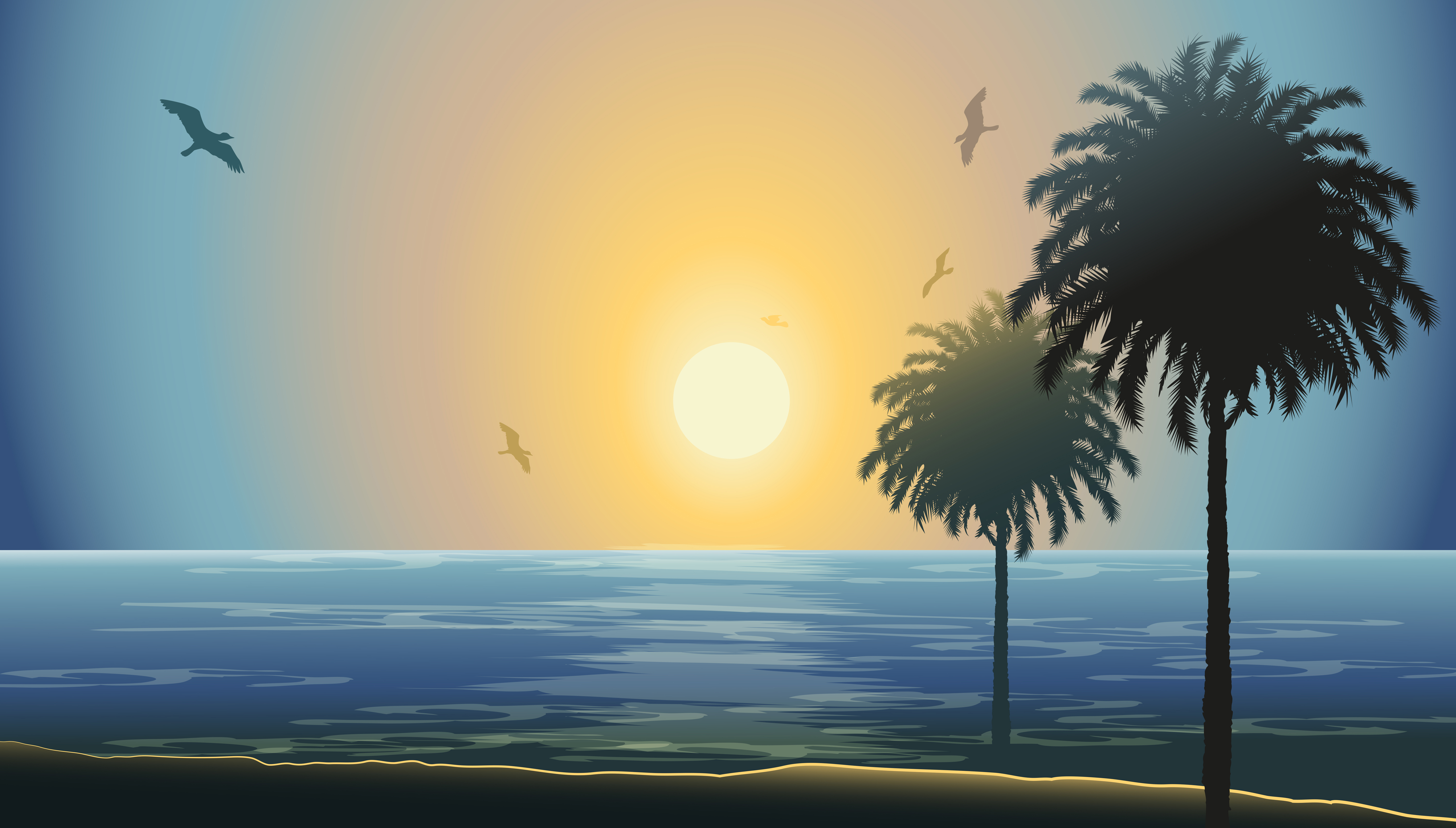 壁紙 6000x3411 海 绘制壁纸 棕榈科 树 太阳 大自然 下载 照片