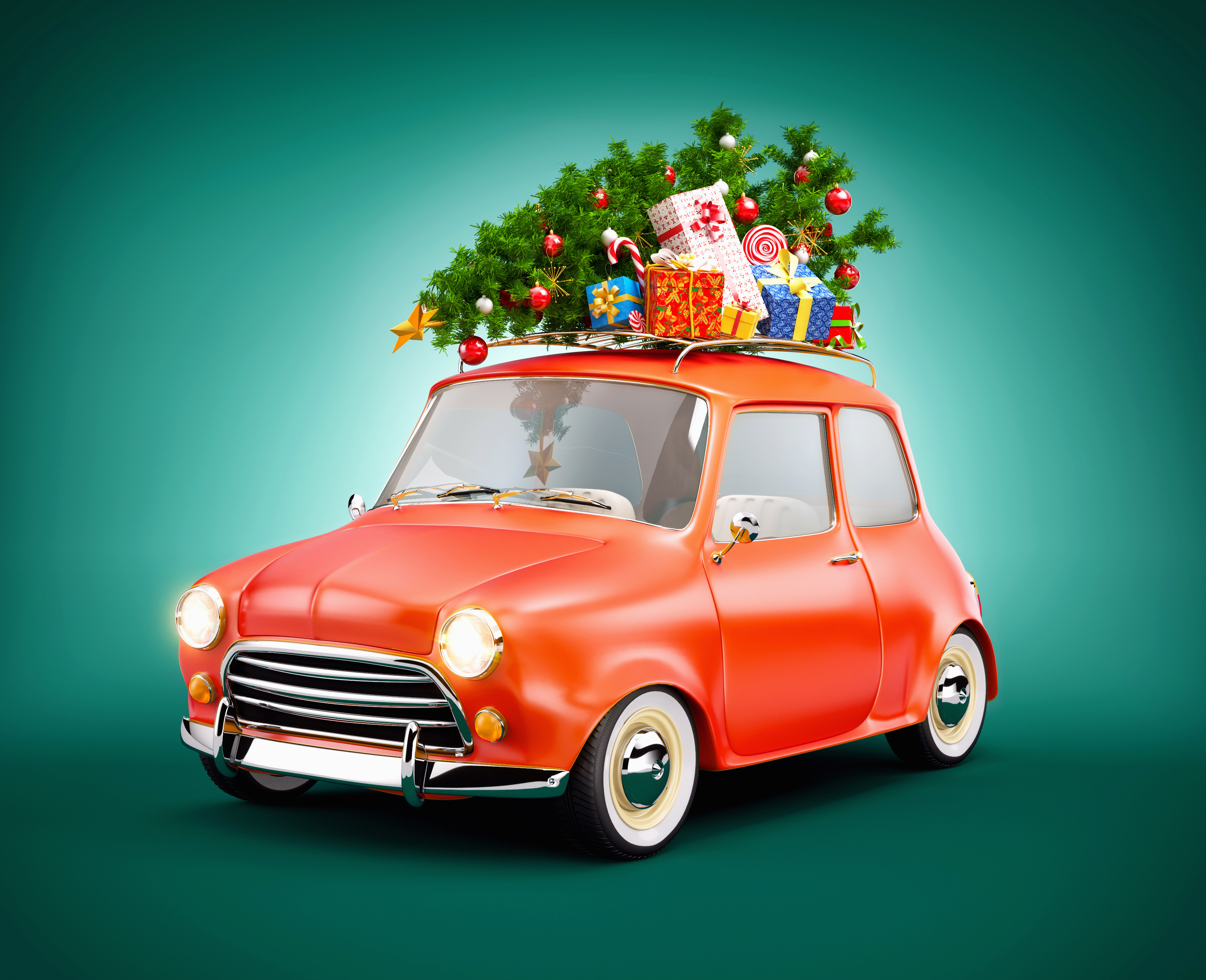 Wallpaper New year Christmas tree Gifts Cars Colored background 3200x2600 Christmas New Year tree present auto automobile