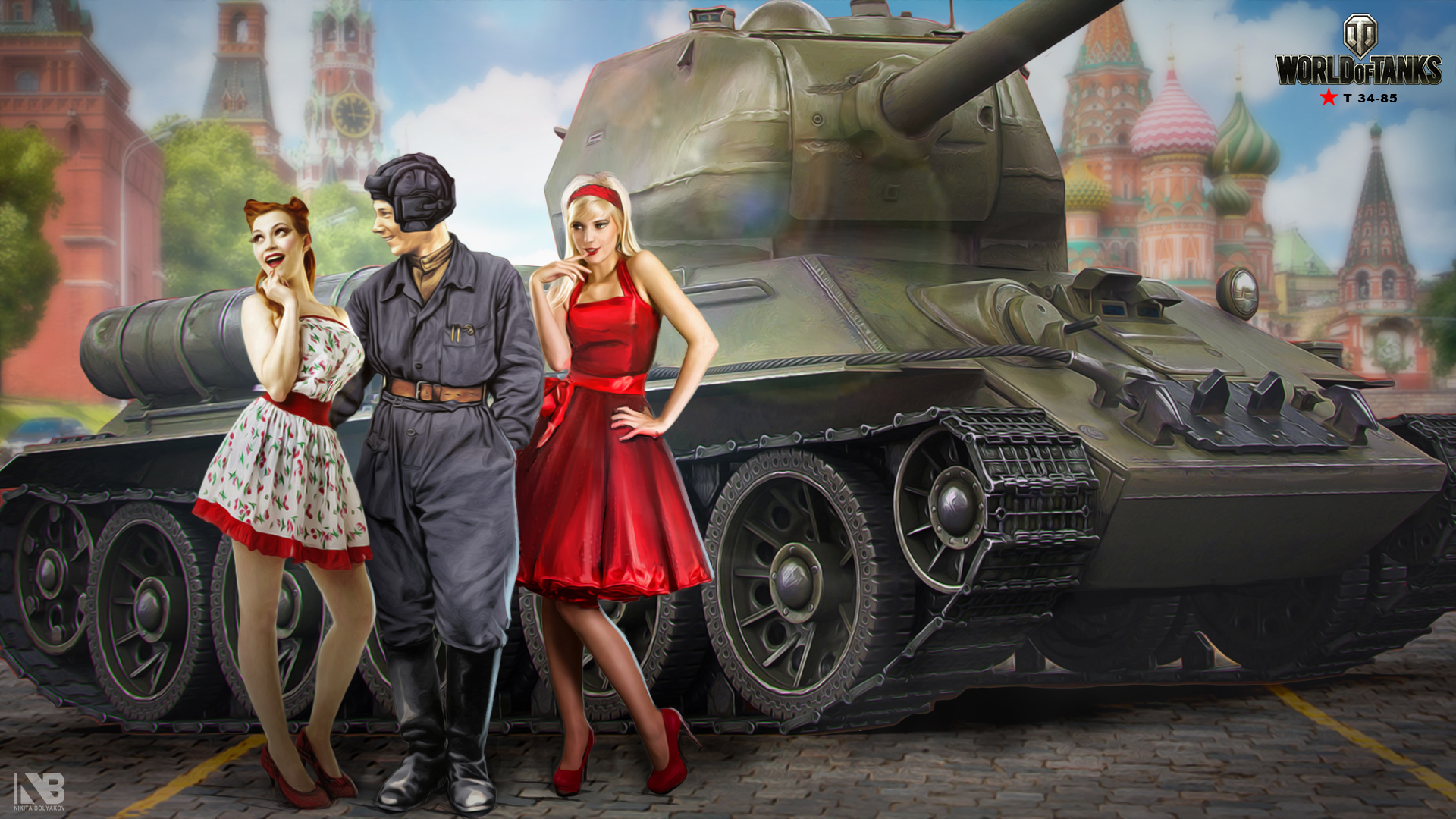 Wallpaper WOT T-34 Nikita Bolyakov Tanks T-34-85 Girls 1920x1080