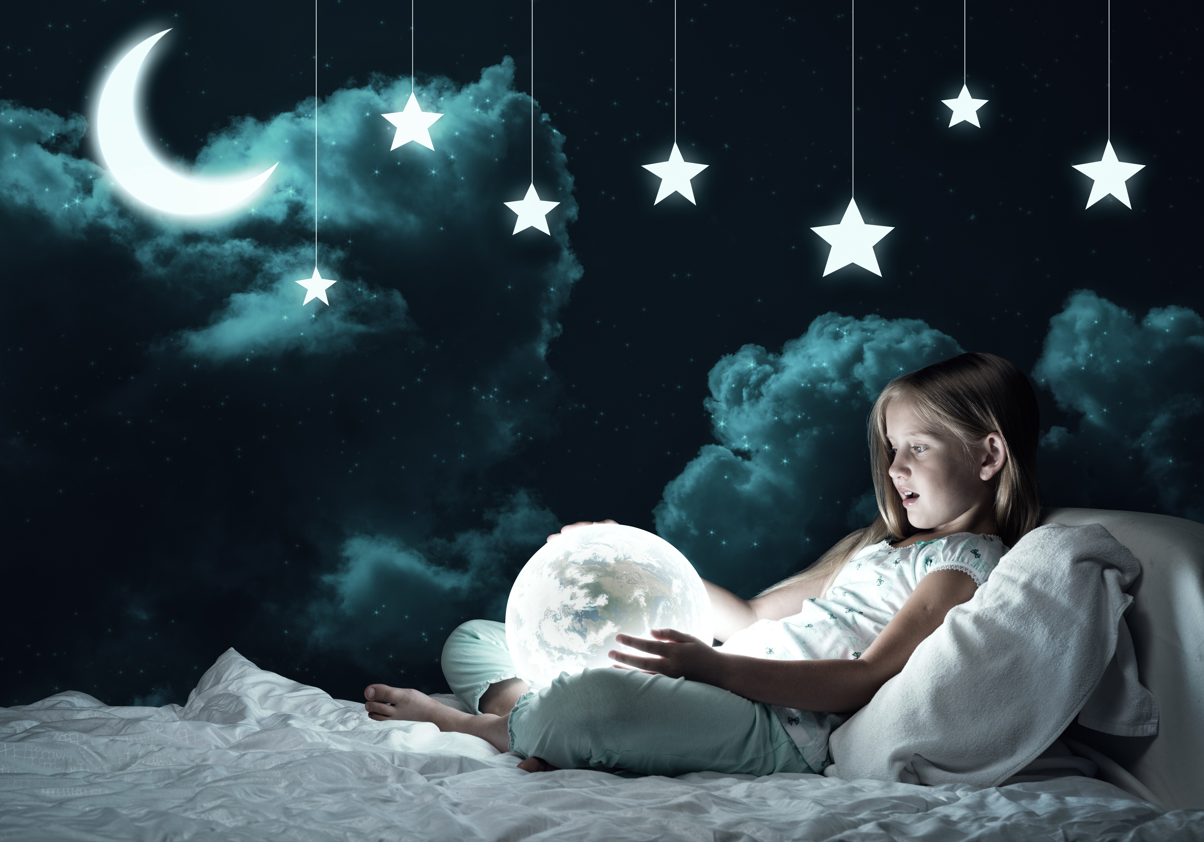 恒星,新月,小女孩,晚上,云,床,儿童,照片,5000x3500
