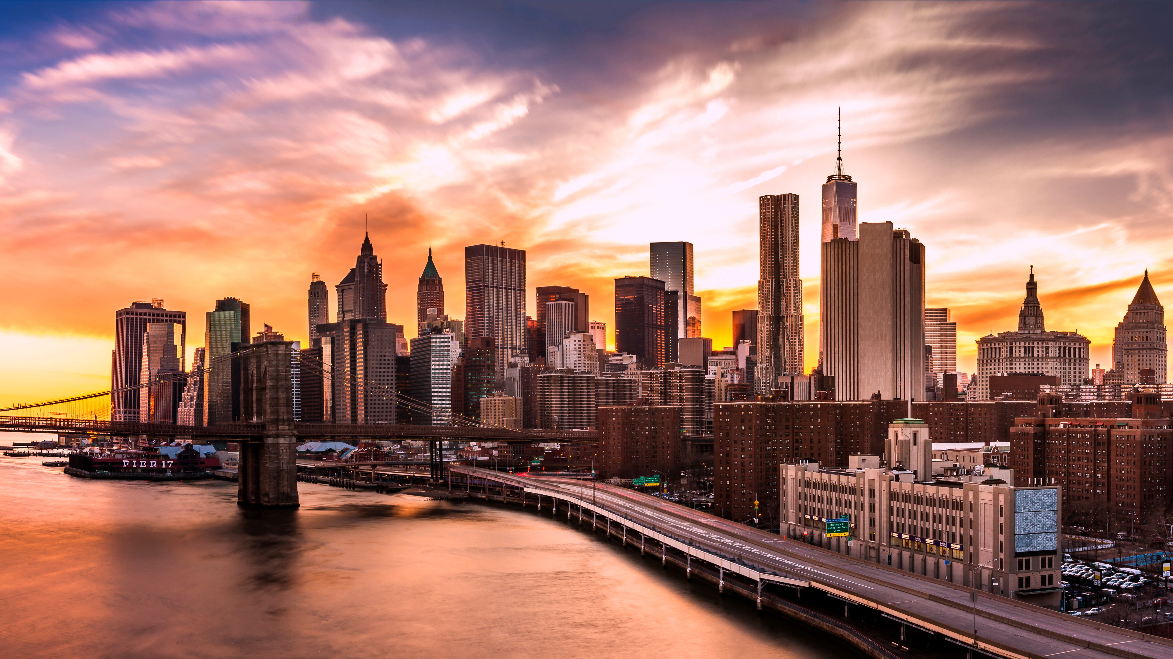 壁紙 4000x2250 住宅 超高層建築物 夕 海岸 アメリカ合衆国 Brooklyn Bridge ニューヨーク マンハッタン 都市 ダウンロード 写真