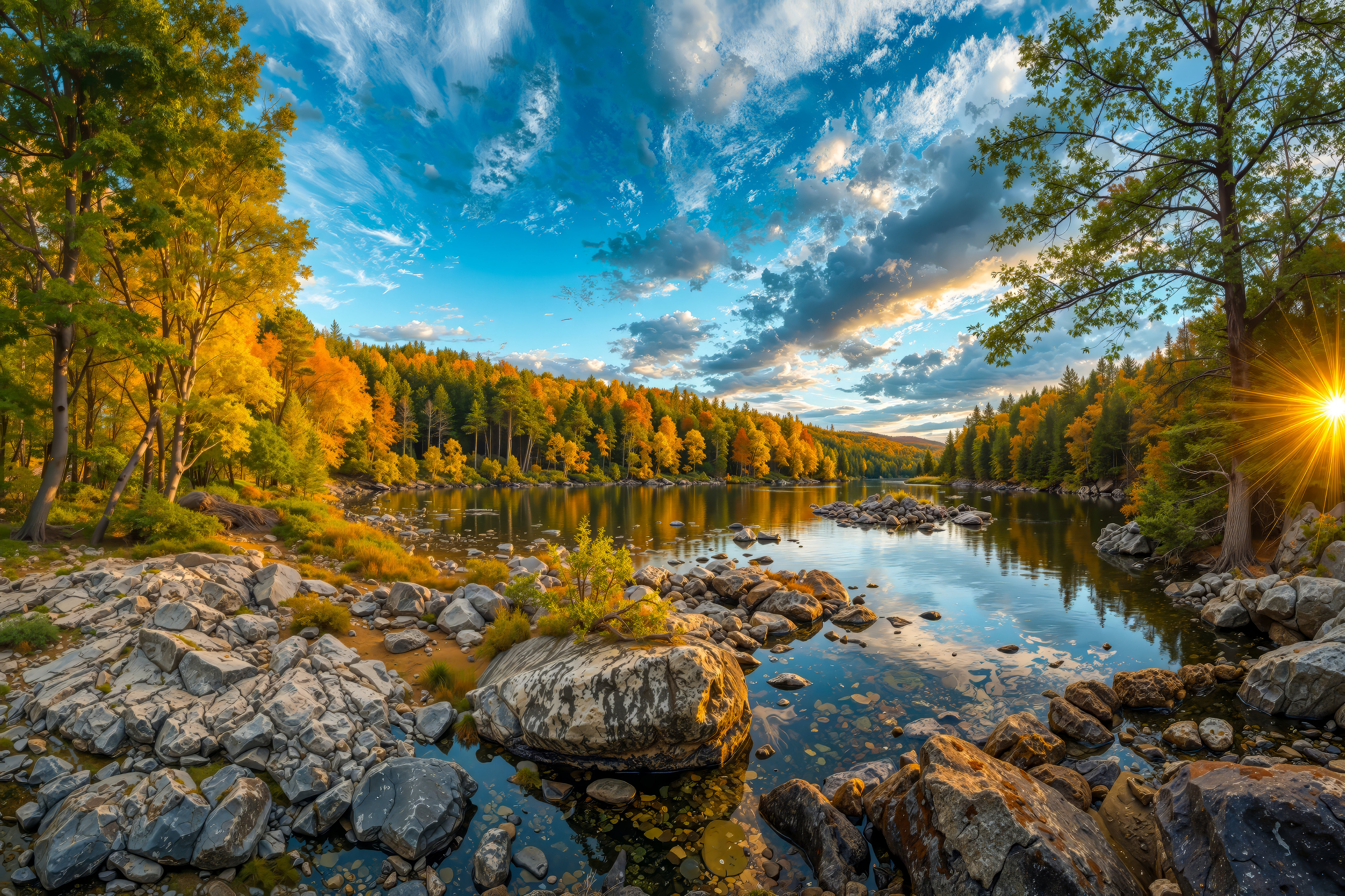 Immagine Germania Natura Autunno Paesaggio Fiumi Pietre Nubi Alberi 5120x3413 fiume Nuvole