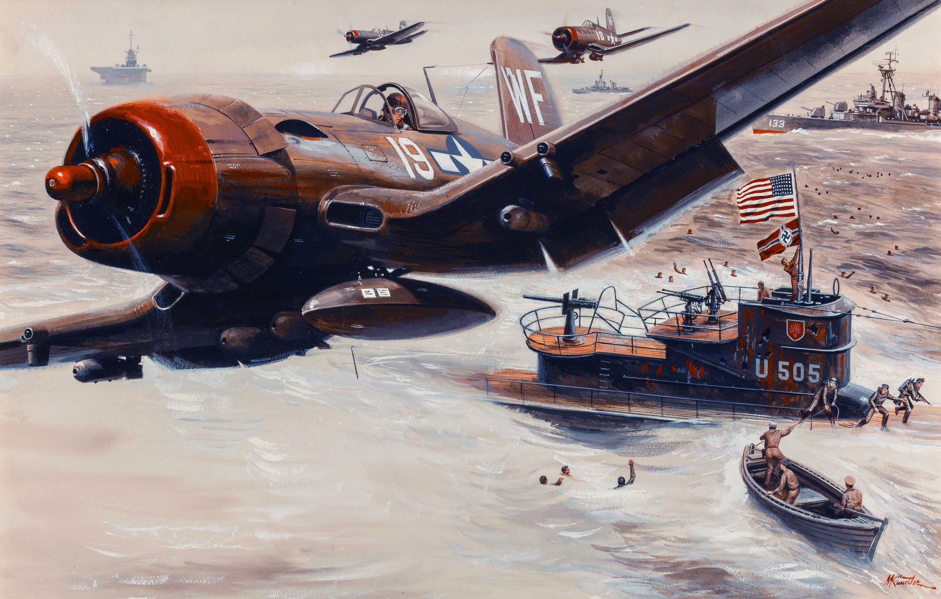 Fondos de Pantalla 3000x1909 Pintura Avións Submarinos Guerra Avión de caza  Mort Kunstler Ejército descargar imagenes