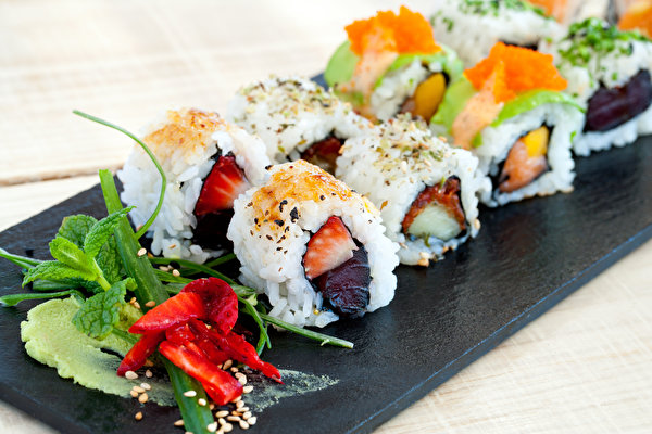 Achtergronden spijs Sushi Rijst Zeevruchten 600x400 Voedsel