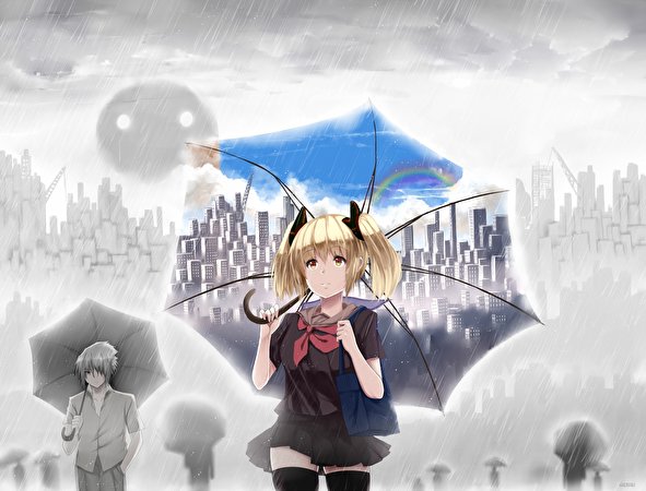 Bilder Blond jente skolejenter hewsack Anime Unge kvinner Regn Paraply 591x450 Blonde Skolejente ung kvinne