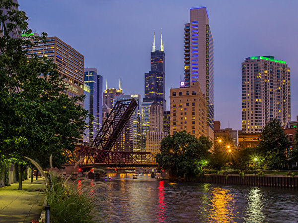 Fotos Vereinigte Staaten Fluss Brücken Wolkenkratzer Chicago Stadt Illinois Städte
