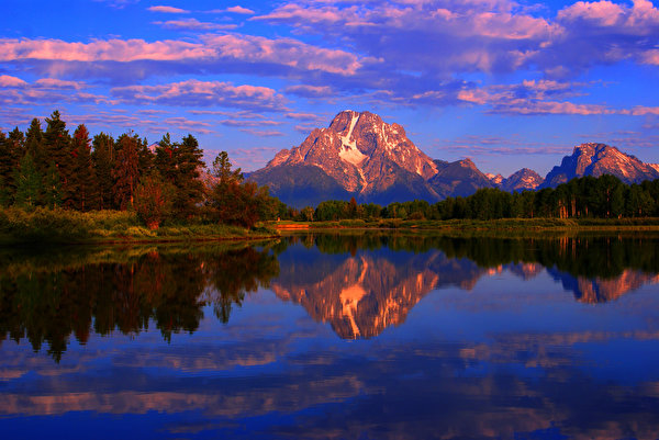 Fotos USA Park See Berg Herbst Morgendämmerung und Sonnenuntergang Bäume Wyoming grand teton Natur