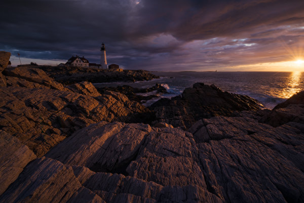 Fotos Vereinigte Staaten Leuchtturm Meer Felsen Maine Portland Natur