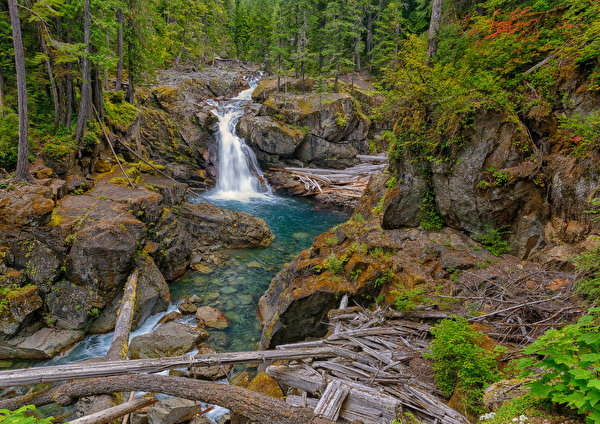 Hintergrundbilder Vereinigte Staaten Wasserfall Steine HDRI Silver Falls, Packwood, Washington Natur