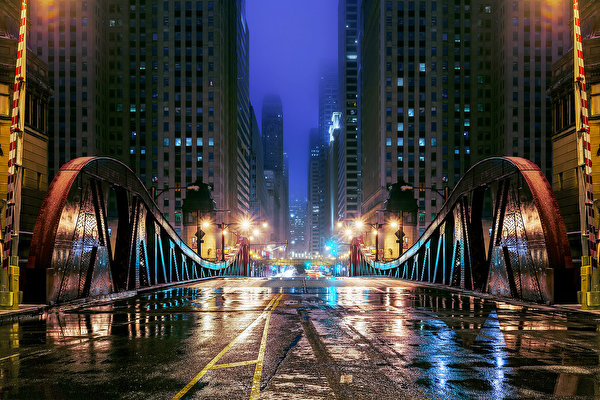 Fotos Vereinigte Staaten Brücken Straße Chicago Stadt Stadtstraße Nacht Illinois Städte