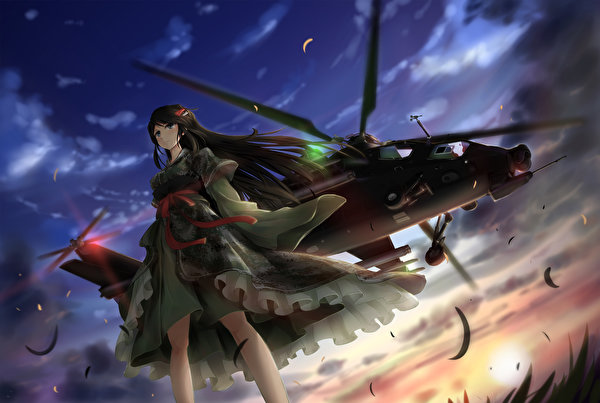 Military Girl Weapon Helicopter Night City Anime Art 24