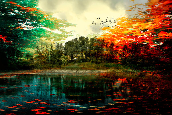 デスクトップの壁紙、、秋、絵画、湖、風景写真、Colors of autumn、自然