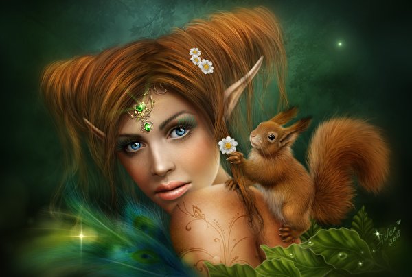 Pictures Squirrels Elves Girls Fantasy Animals 600x404 Elf female young woman animal