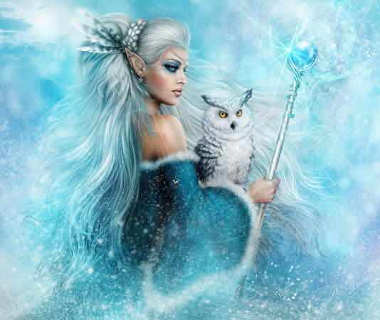 Wallpaper owl Mage Staff Blonde girl Girls Fantasy 534x450